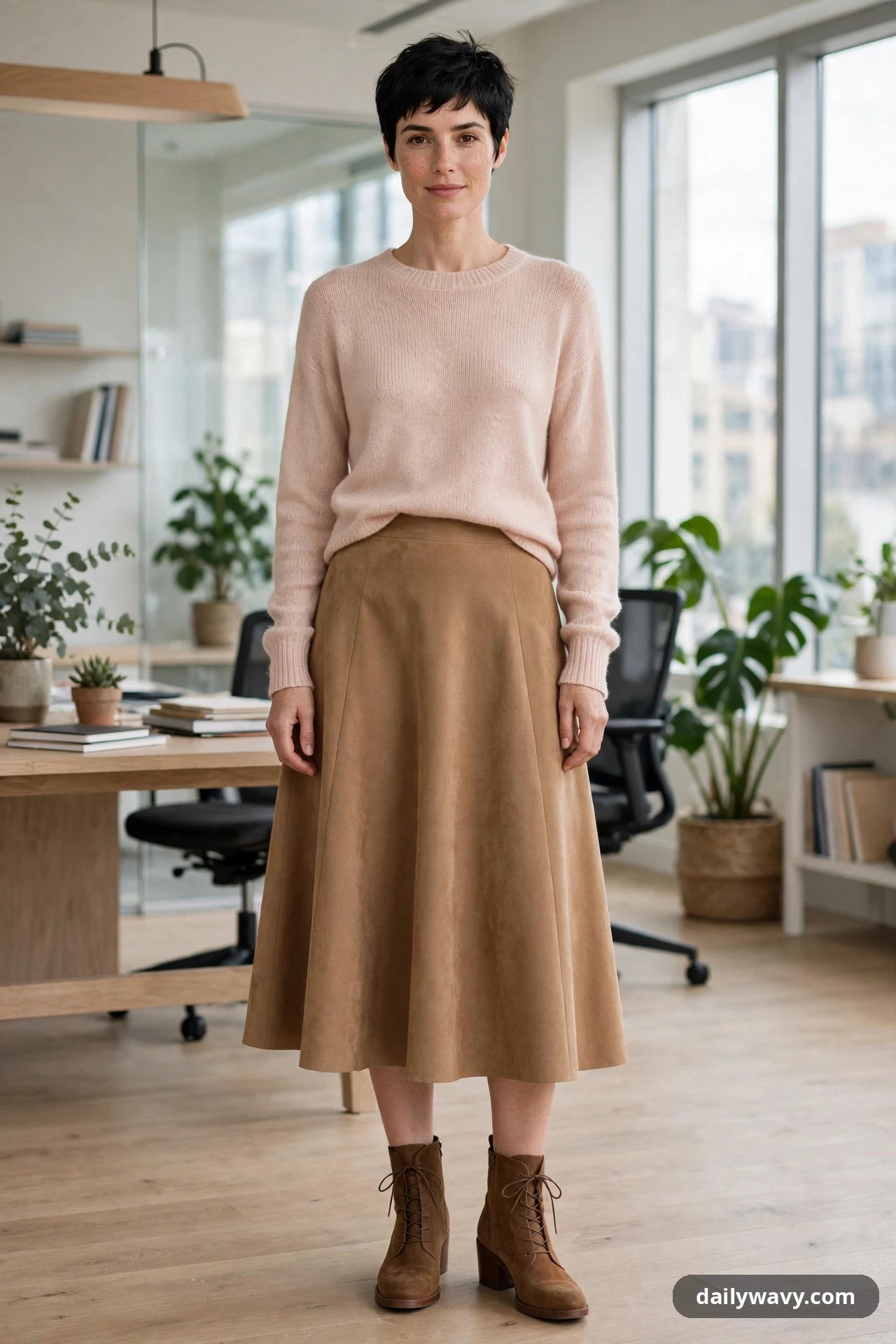 A woman wears a blush fine-knit sweater front-tucked into a camel A-line midi skirt, finished with brown lace-up ankle boots in a bright office.