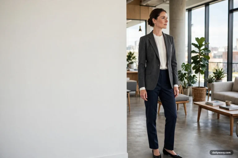 A wide view shows a woman standing in a bright modern office in a charcoal structured blazer over an ivory crew-neck blouse, navy tailored trousers and black pointed flats.