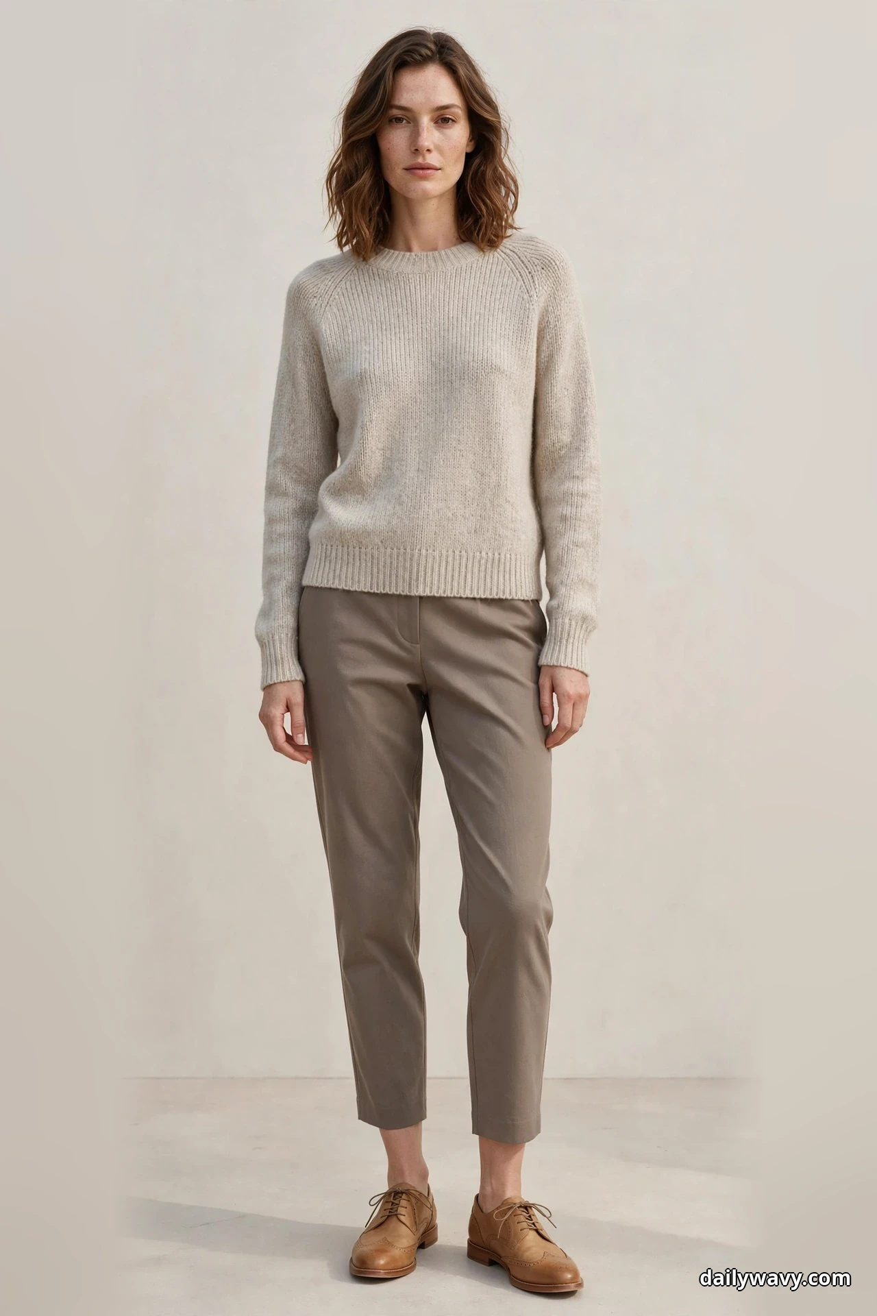 A woman stands full length against a plain cream background wearing an oatmeal ribbed crewneck sweater untucked over taupe cropped trousers that end above the ankle, with tan leather lace-up oxford shoes