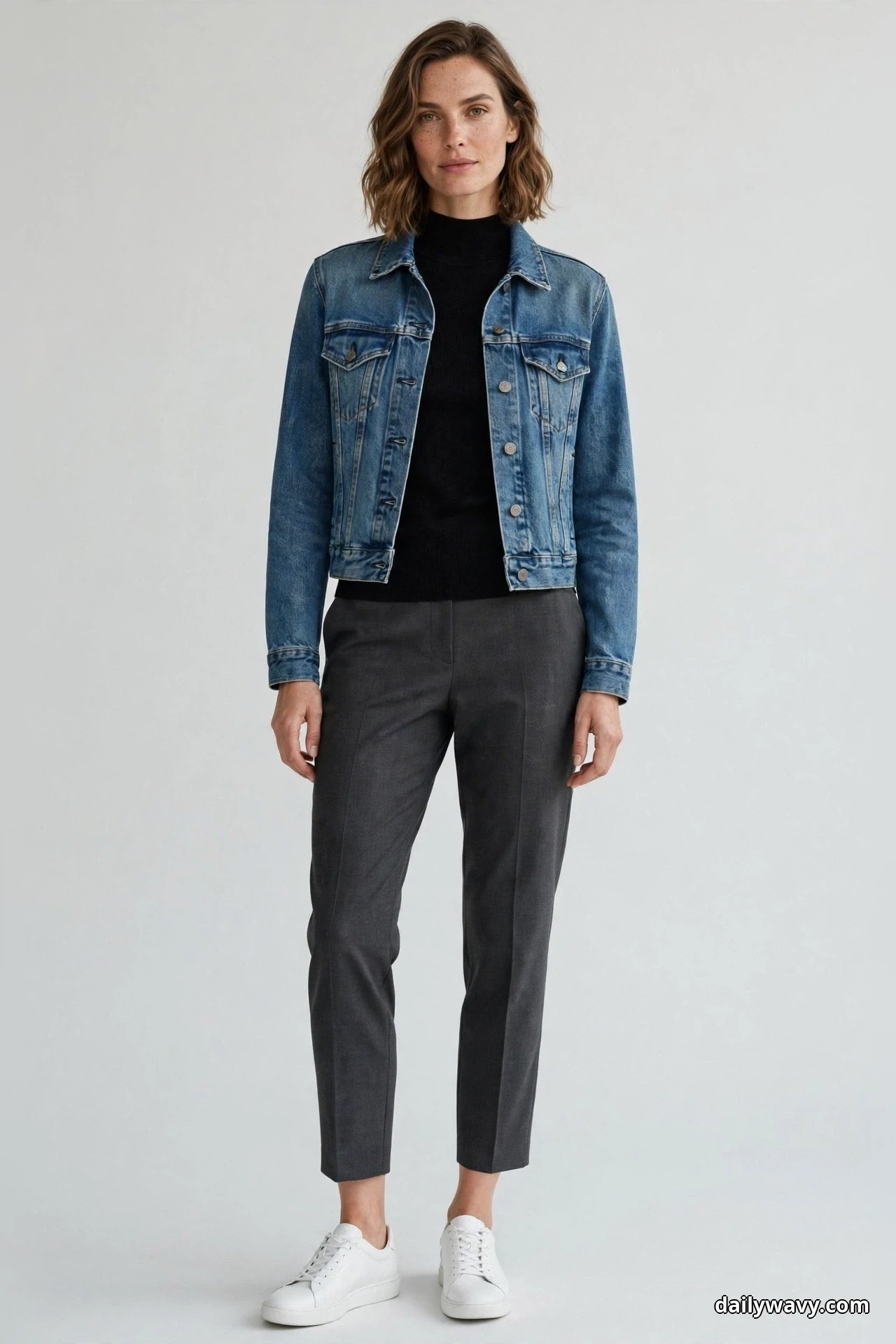 A woman stands full length wearing a black mock-neck top under a cropped medium-wash denim jacket with charcoal cropped trousers and white low-profile leather sneakers below the hems