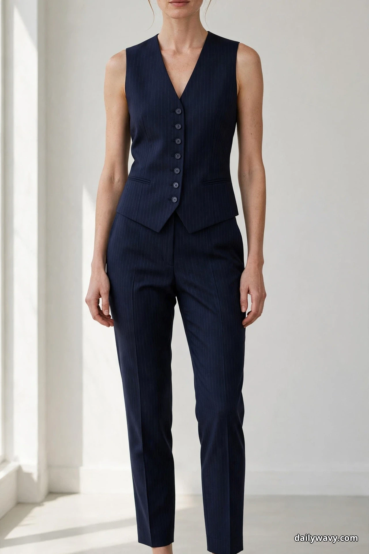 A woman stands in a frame cropped at the chin and just below the trouser hems, wearing a navy pinstripe buttoned suiting vest worn closed with matching navy pinstripe cropped trousers