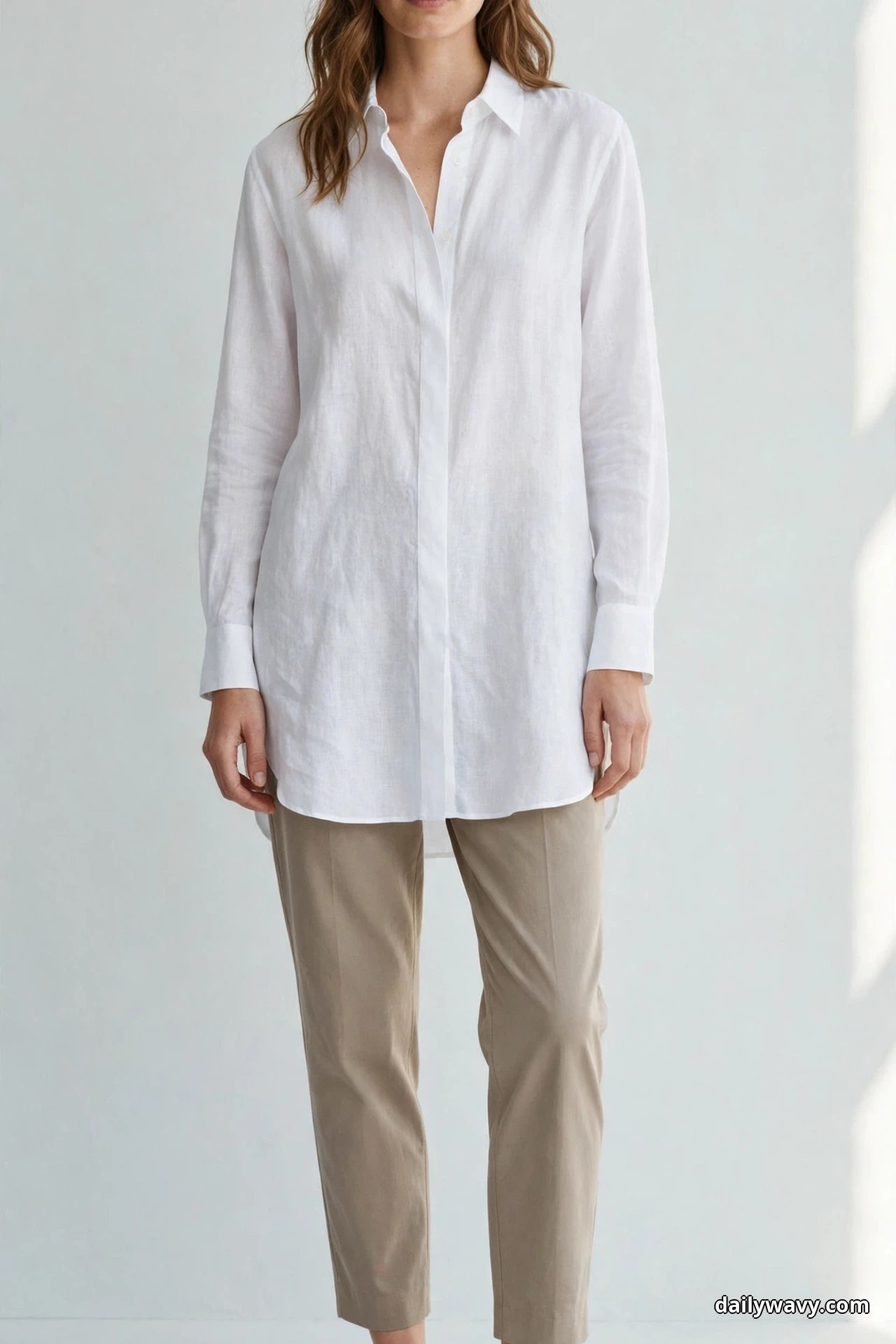 A woman stands in a frame cropped at the chin and just below the trouser hems, wearing a longline white shirt worn untucked over stone-beige cropped trousers