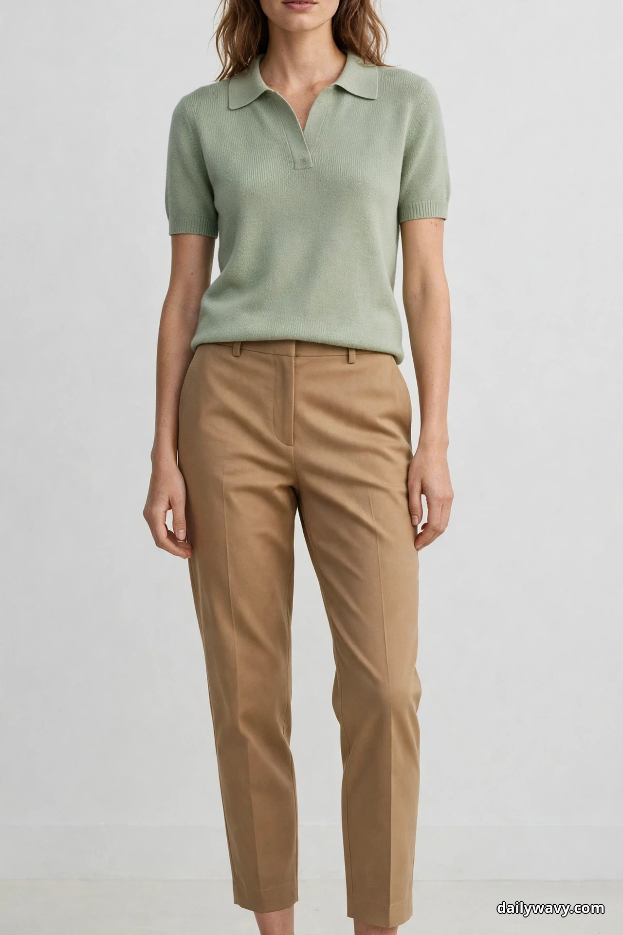 A woman stands in a frame cropped at the chin and at the ankles, wearing a light sage short-sleeve knit polo tucked into camel cropped trousers