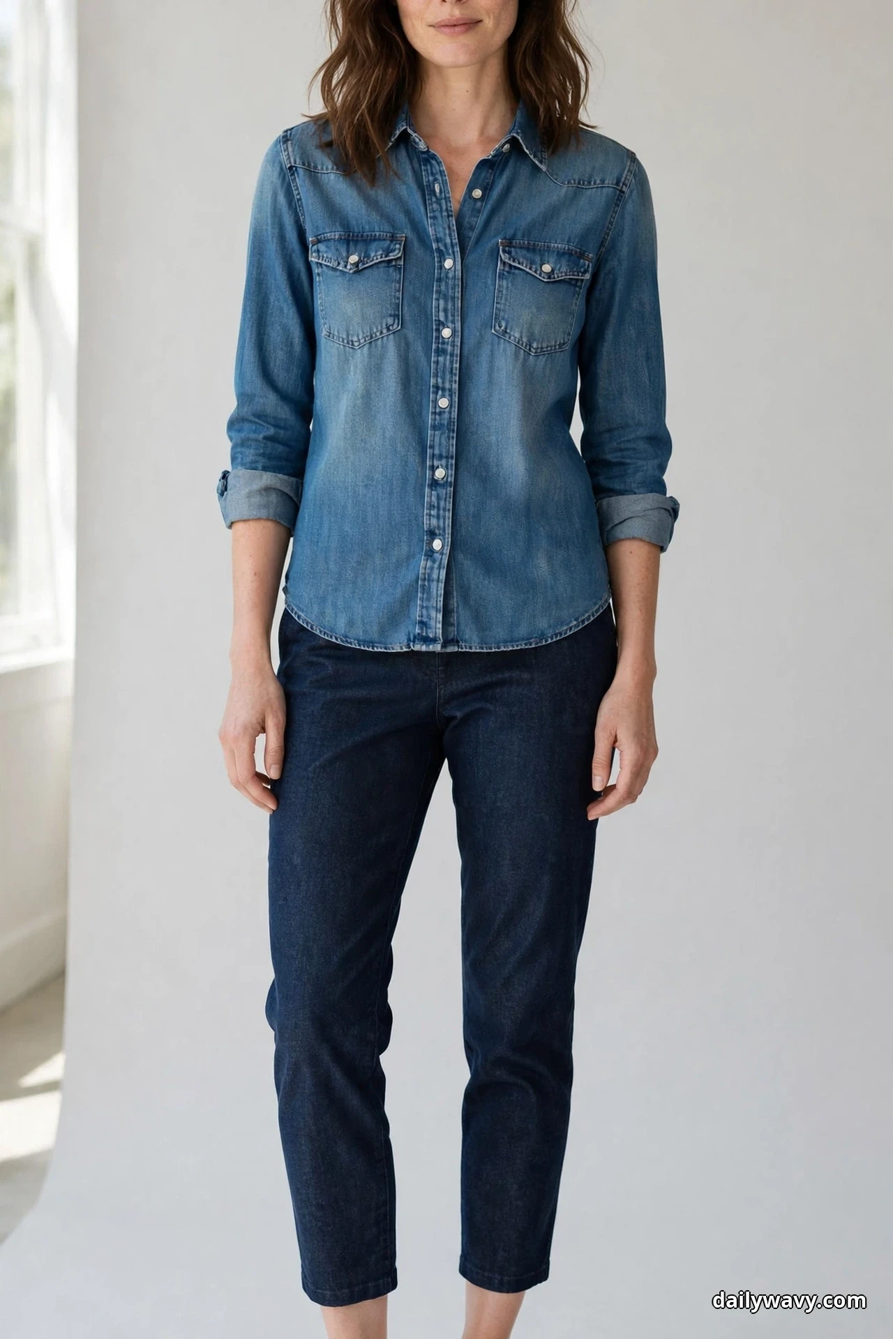 A woman stands in a frame cropped at the chin and at the ankles, wearing a medium-wash denim shirt with rolled sleeves worn untucked over dark indigo cropped denim trousers