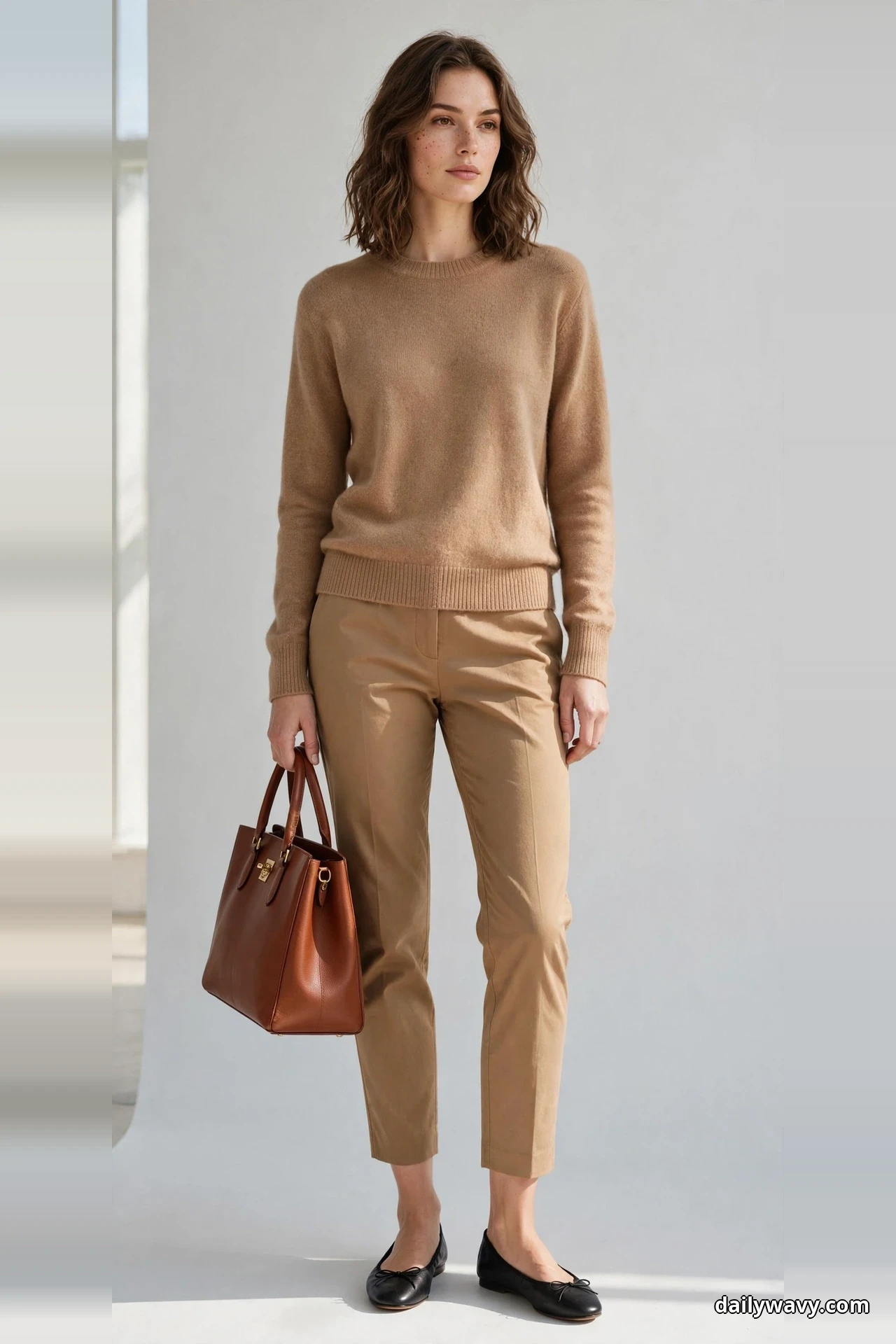 A woman stands full length wearing a fine-knit camel crewneck sweater with matching camel cropped trousers, carrying a structured cognac leather tote and wearing black ballet flats