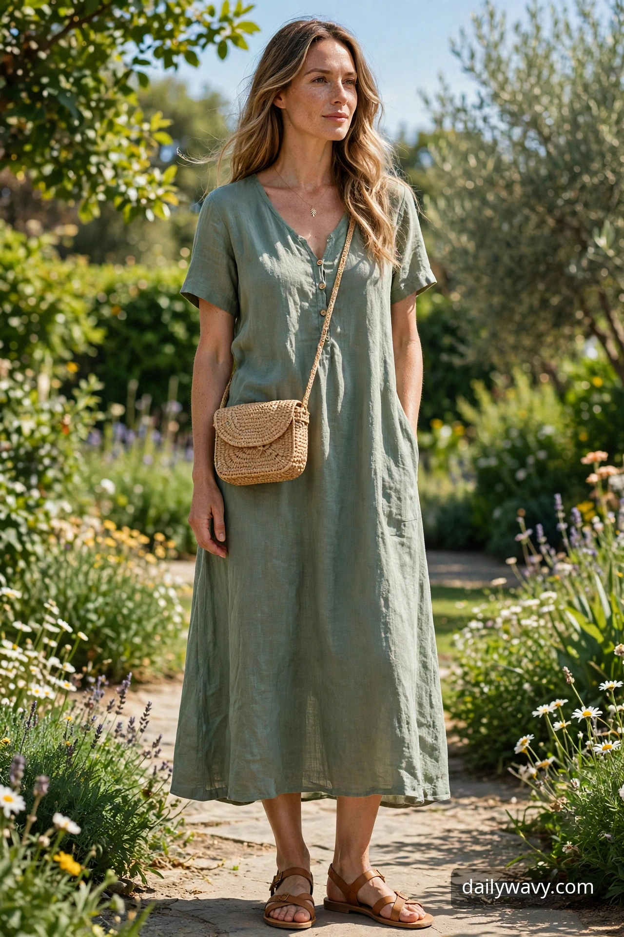 Adult model wearing a crossbody bag with a linen dress and flat sandals