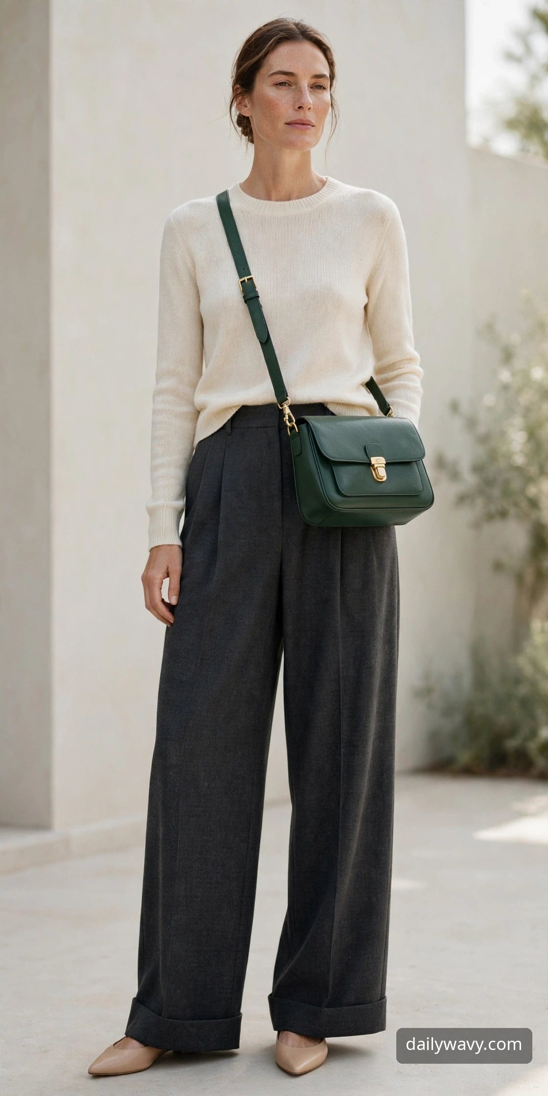 Adult model wearing a crossbody bag with a fine knit, wide trousers and flats