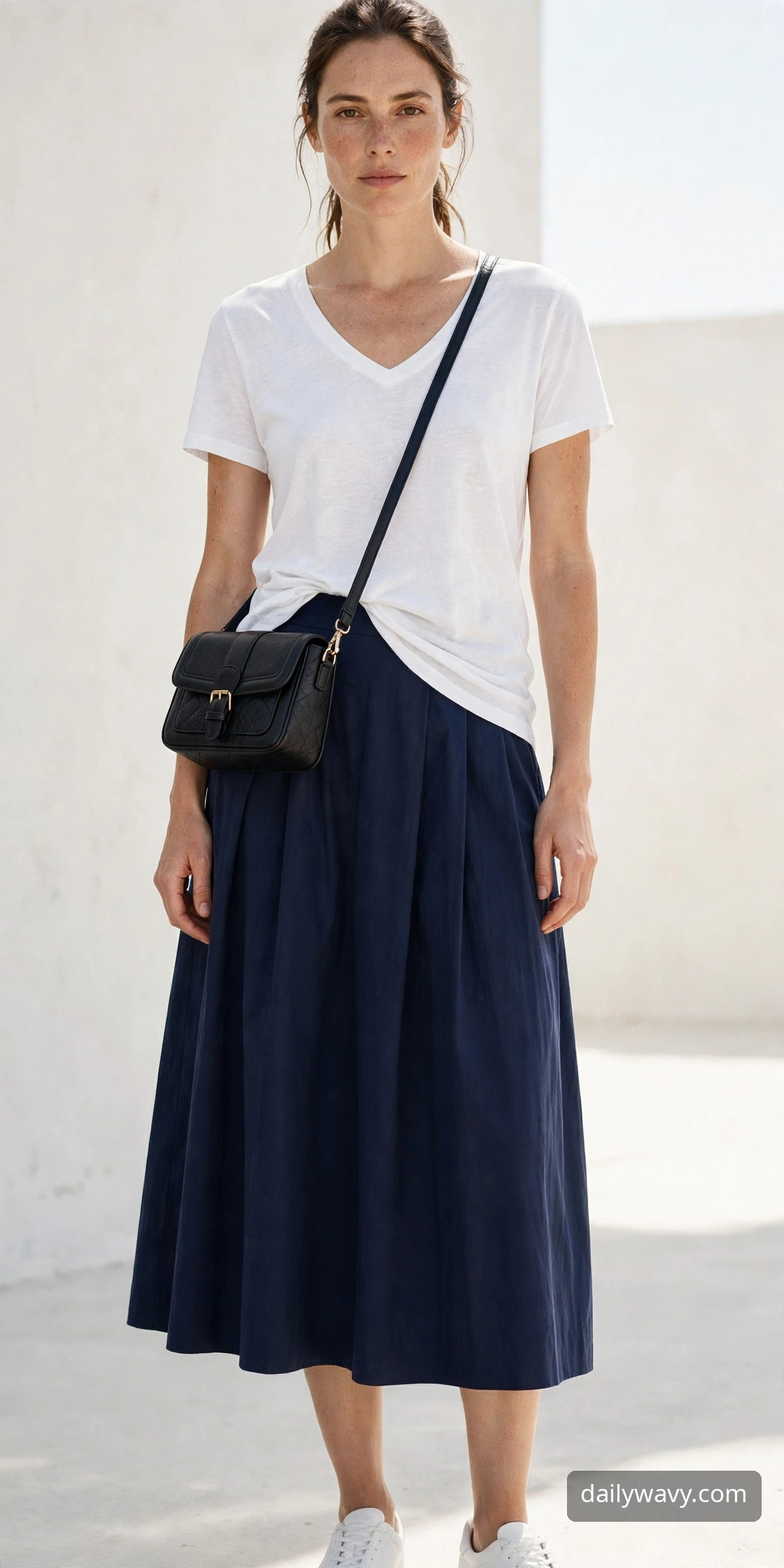Adult model wearing a crossbody bag with a midi skirt and a plain tee