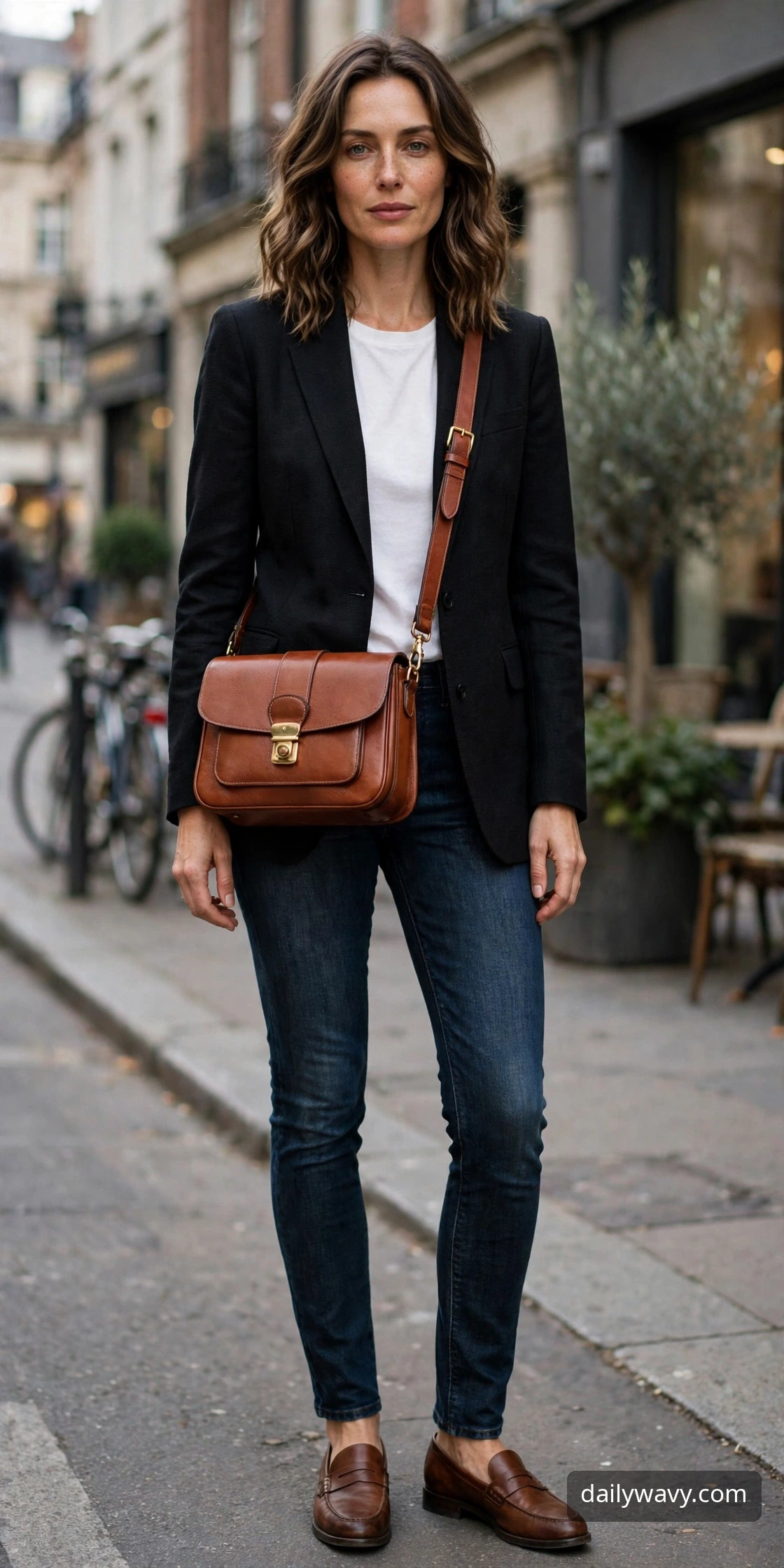 Adult model wearing a crossbody bag with dark jeans and a tailored blazer