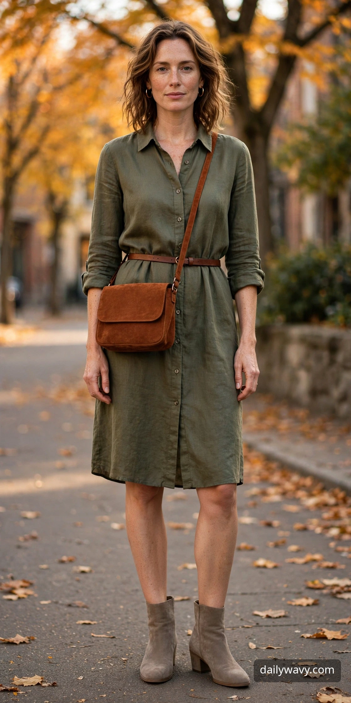 Adult model wearing a crossbody bag with a shirt dress and low boots