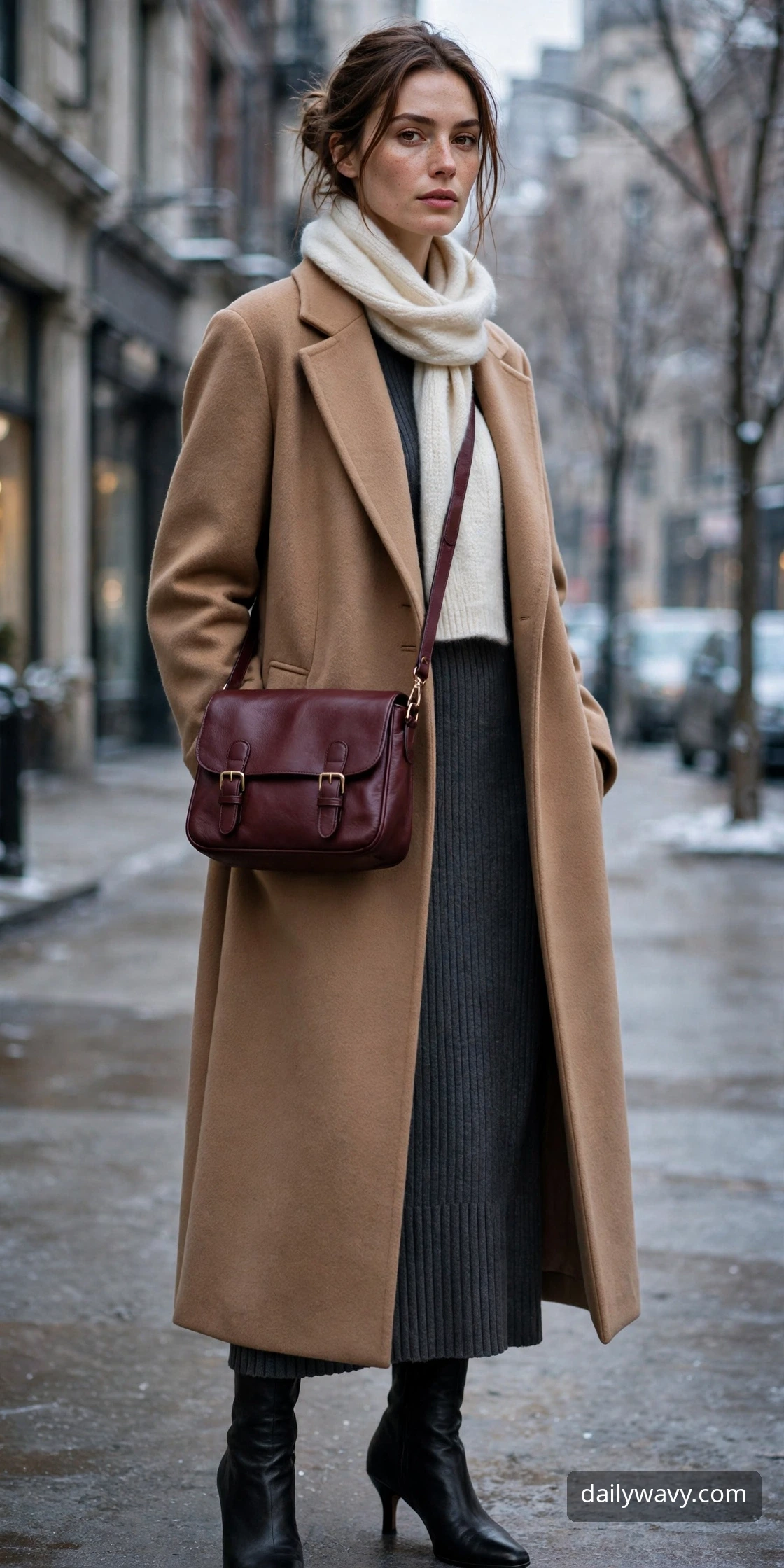 Adult model wearing a crossbody bag with a knit dress and a long coat