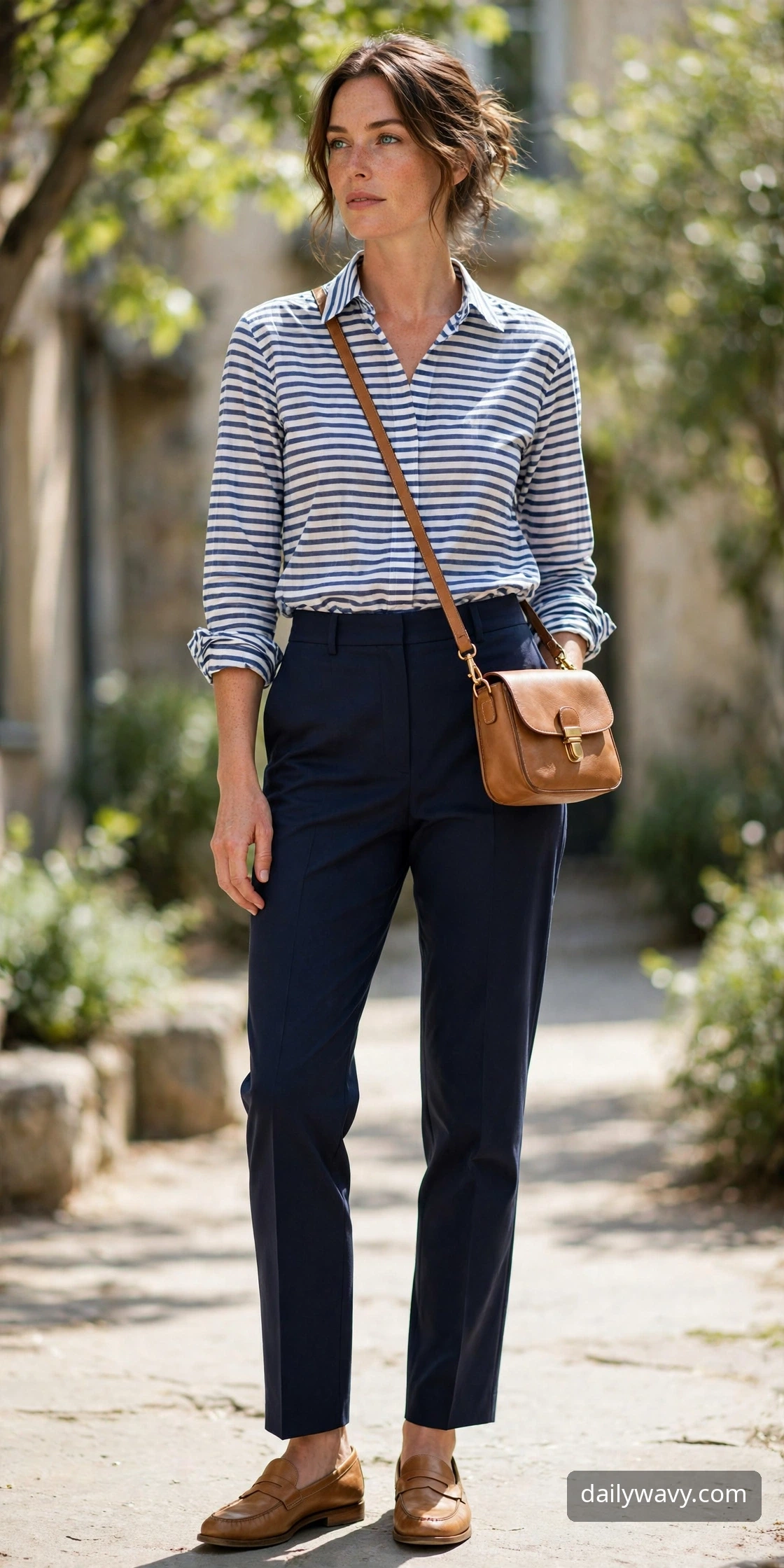 Adult model wearing a crossbody bag with tailored trousers and a striped shirt