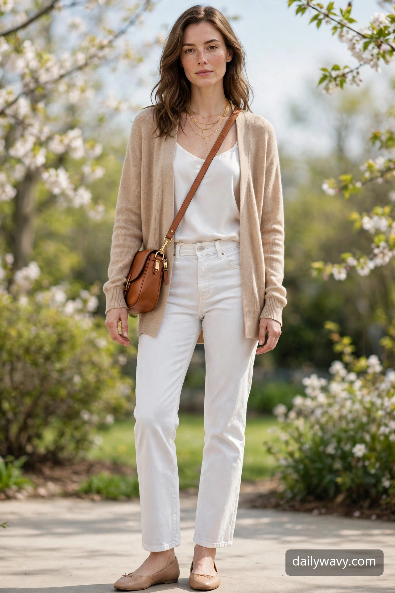 Adult model wearing a crossbody bag with white jeans and a light cardigan