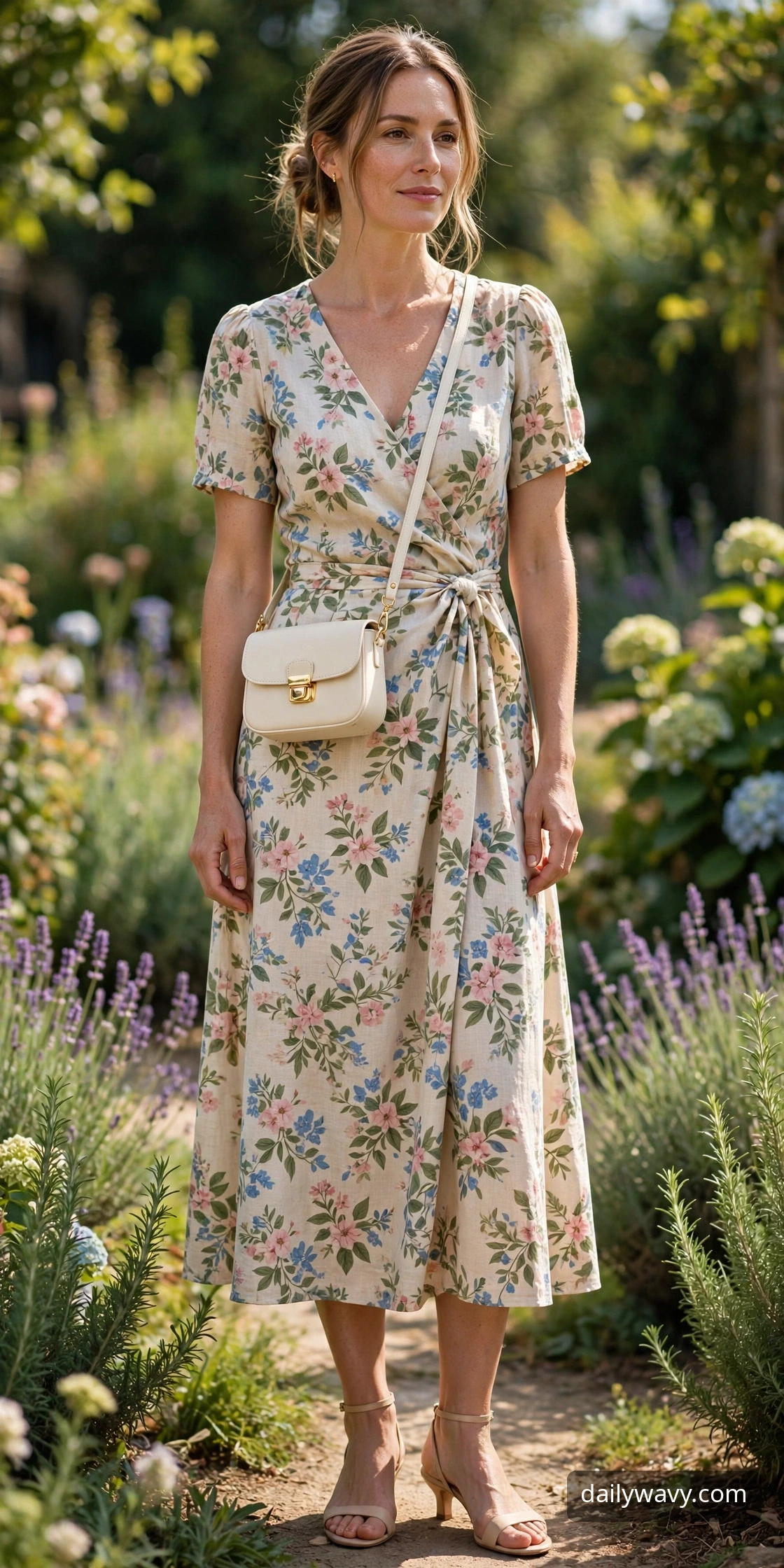 Adult model wearing a crossbody bag with a printed midi dress and simple shoes