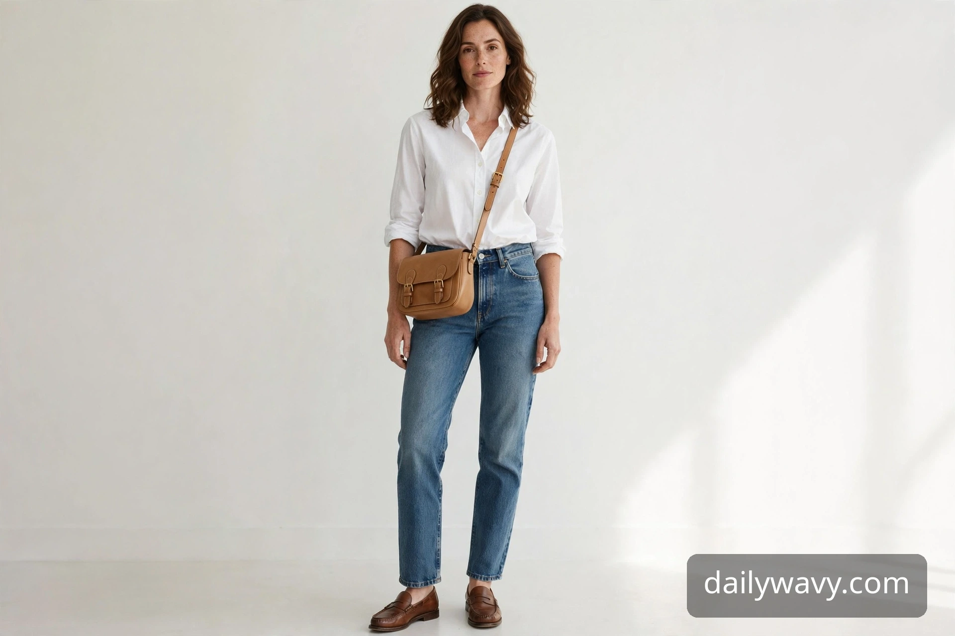 Woman wearing a tan crossbody bag with a white shirt, jeans and loafers