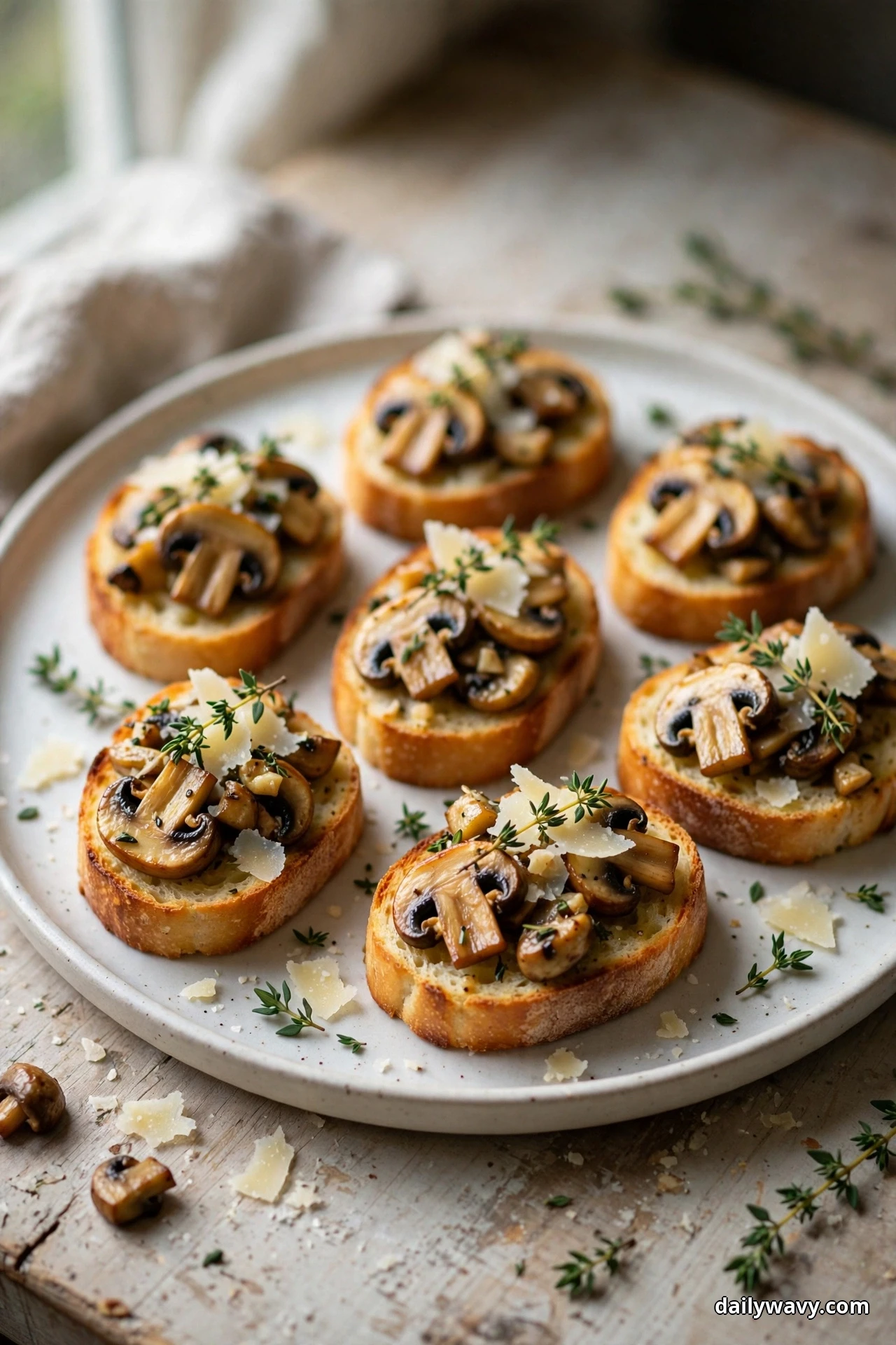 Several crostini topped with sautéed mushroom slices, fresh thyme leaves and shaved parmesan are arranged on a round platter