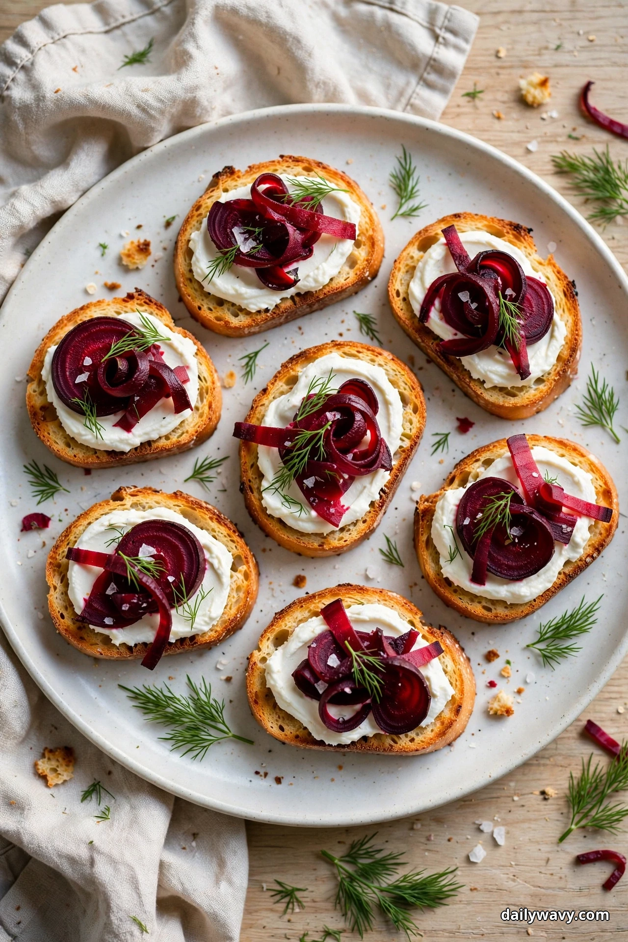 Crostini spread with white horseradish cream and topped with curled ruby beet slices and fresh dill sprigs sit on a round plate