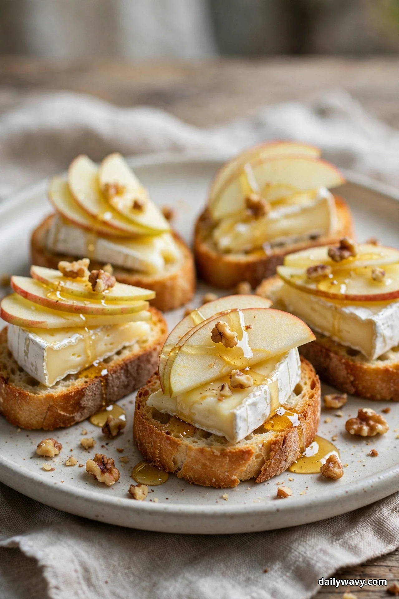 Crostini topped with wedges of brie and fanned apple slices are drizzled with honey and scattered with chopped walnuts
