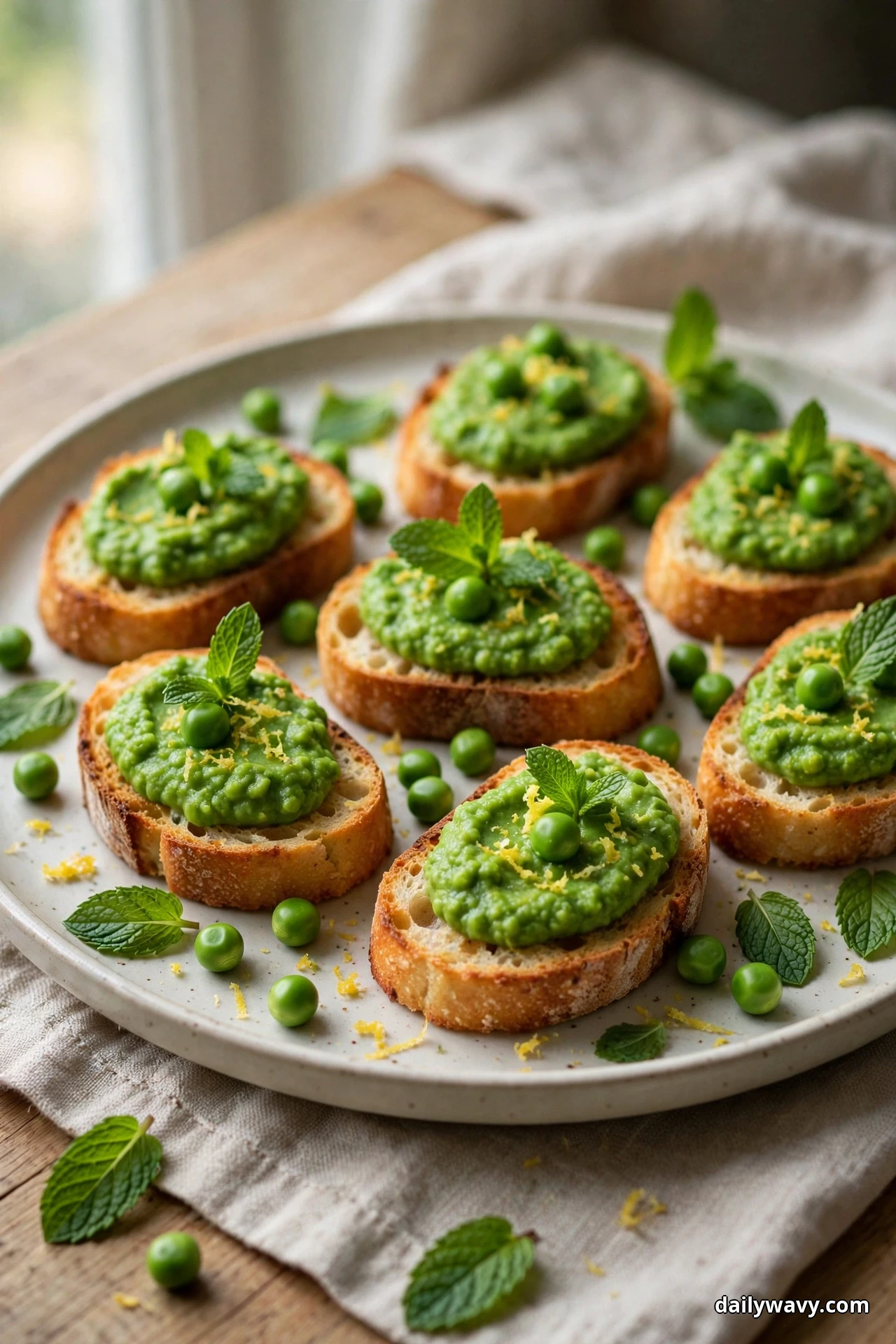 Crostini spread with bright green pea puree and topped with whole peas and fresh mint leaves sit on a plate with loose peas scattered around