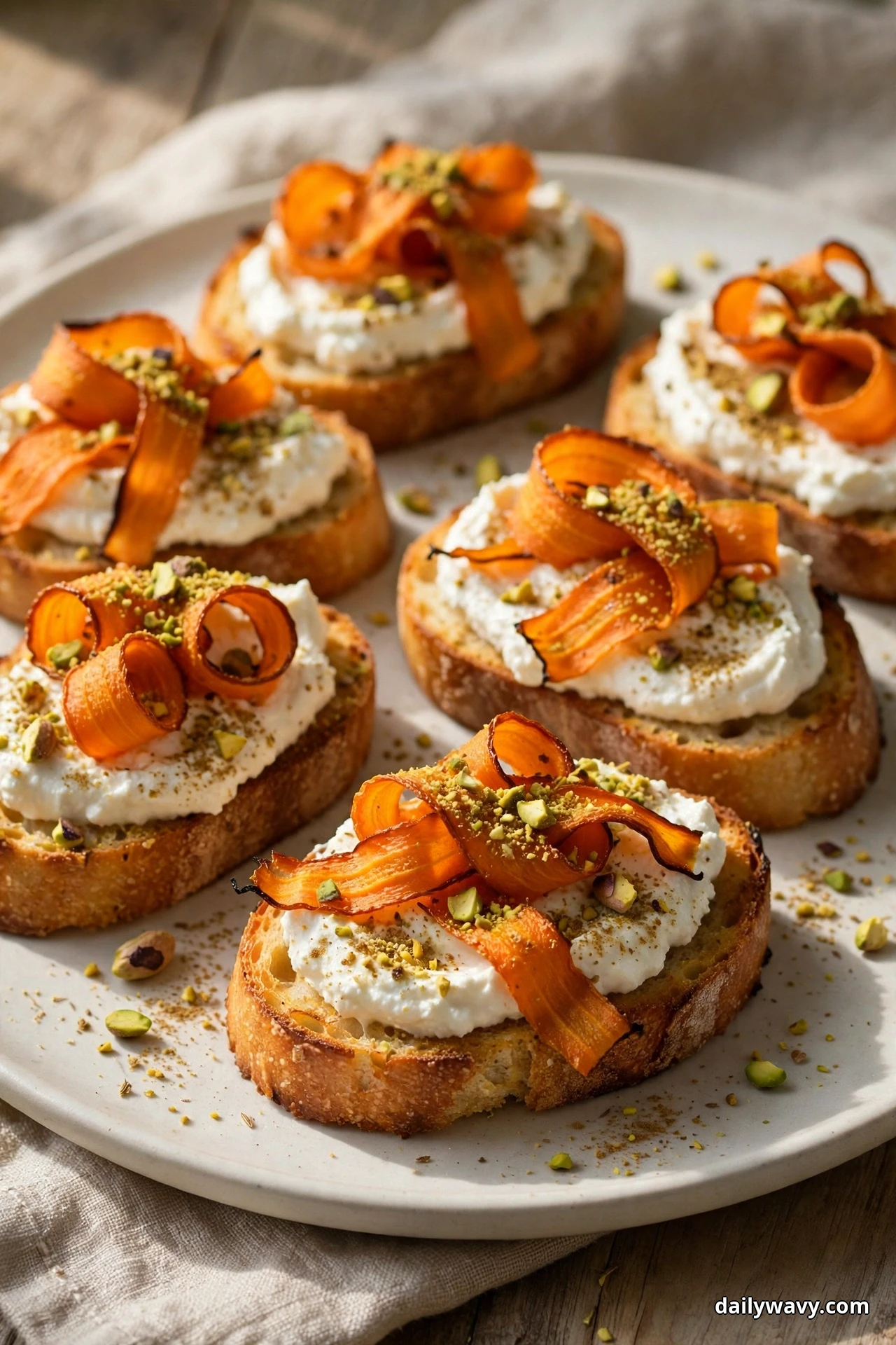Crostini spread with whipped feta and topped with roasted carrot ribbons, a dusting of spice and crushed pistachios sit on a plate
