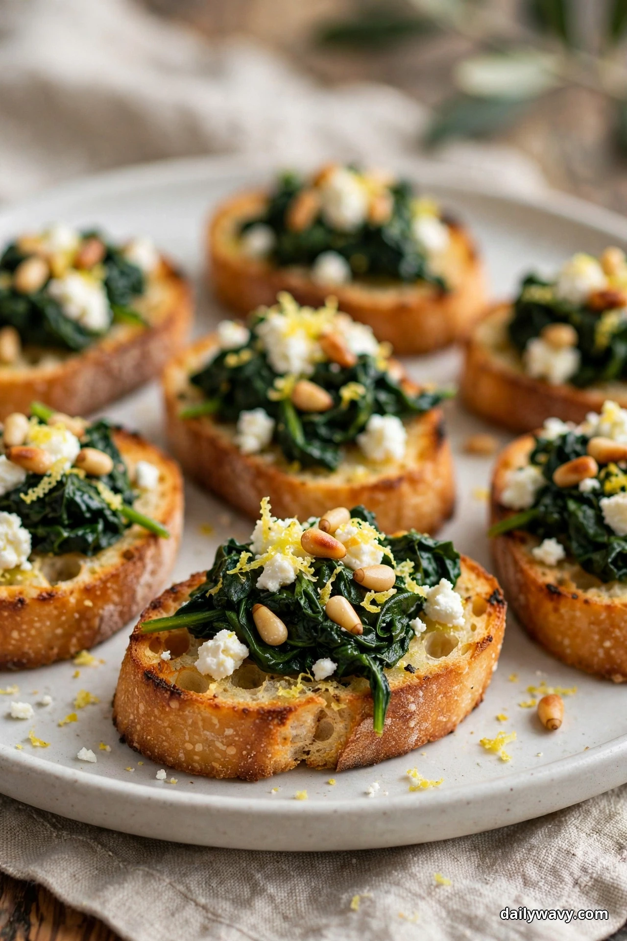 Crostini topped with wilted spinach, feta crumbles, toasted pine nuts and lemon zest sit on a plate