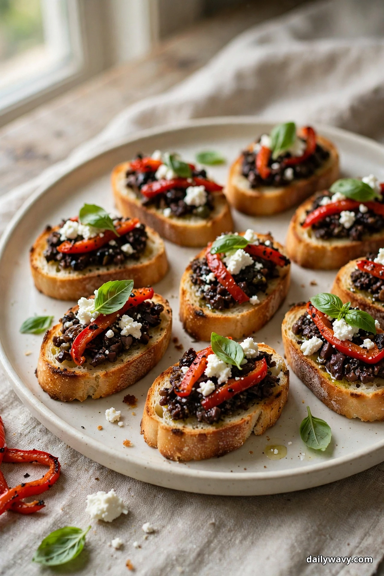 Crostini spread with dark olive tapenade and topped with roasted red pepper strips, crumbled goat cheese and basil leaves sit on a plate