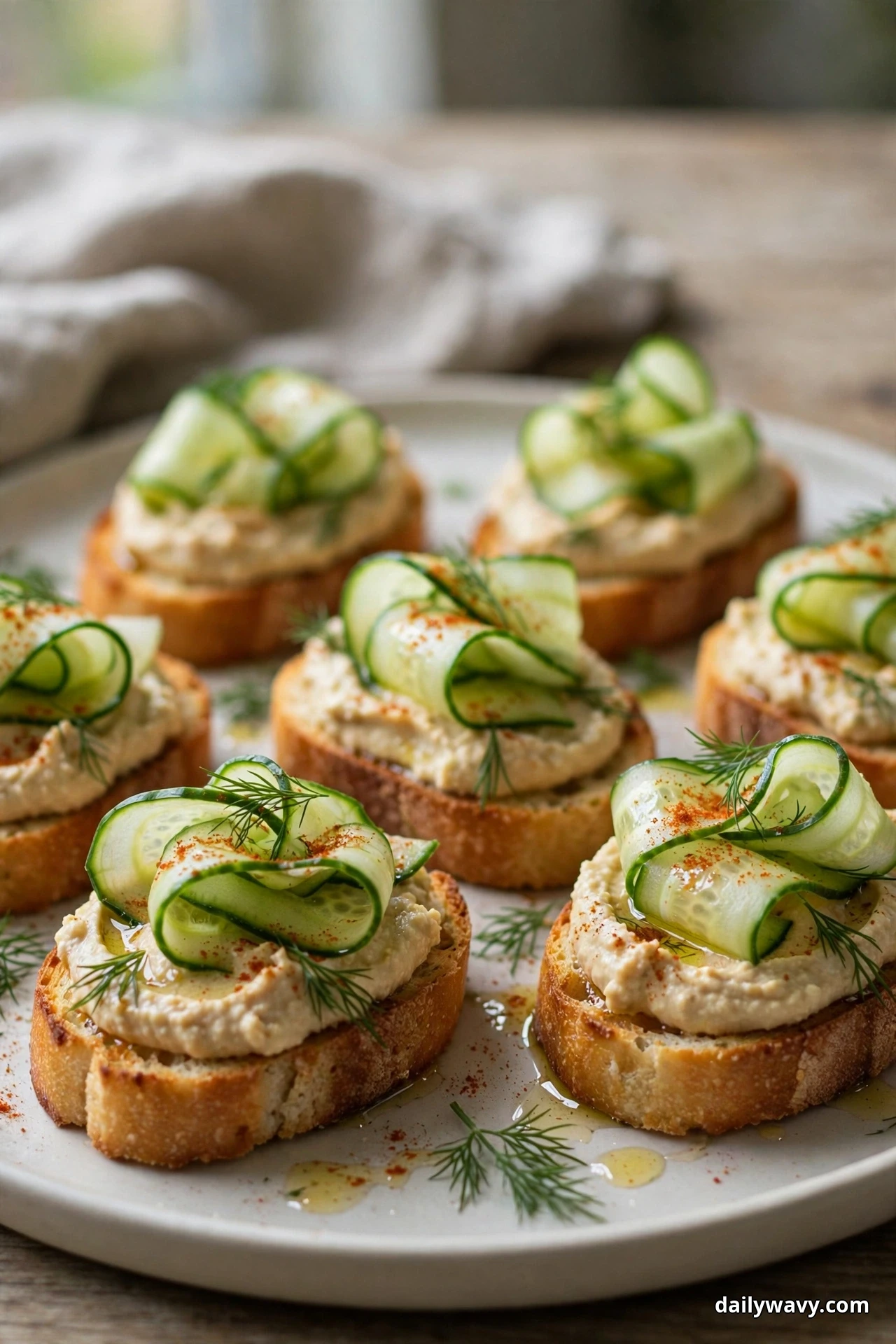Crostini spread with hummus and topped with folded cucumber ribbons, fresh dill and a dusting of smoked paprika sit on a plate