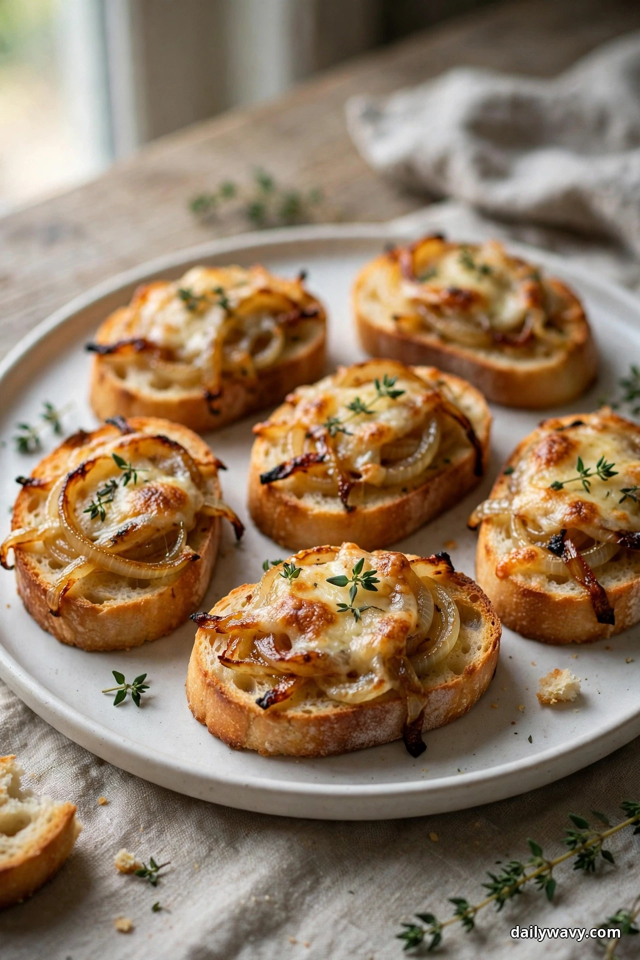Crostini topped with deeply golden caramelized onions and melted cheese sit on a plate with thyme leaves scattered around