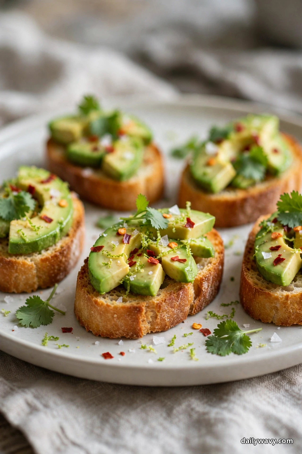 Crostini topped with sliced avocado, red chili flakes and cilantro leaves sit on a plate