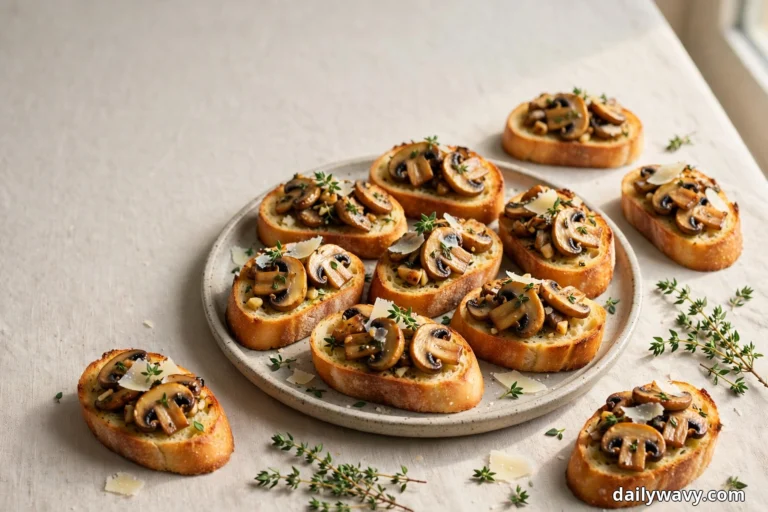 A platter of toasted baguette crostini topped with sautéed mushroom slices, fresh thyme leaves and shaved parmesan sits on a pale linen tablecloth with extra crostini and thyme sprigs around it