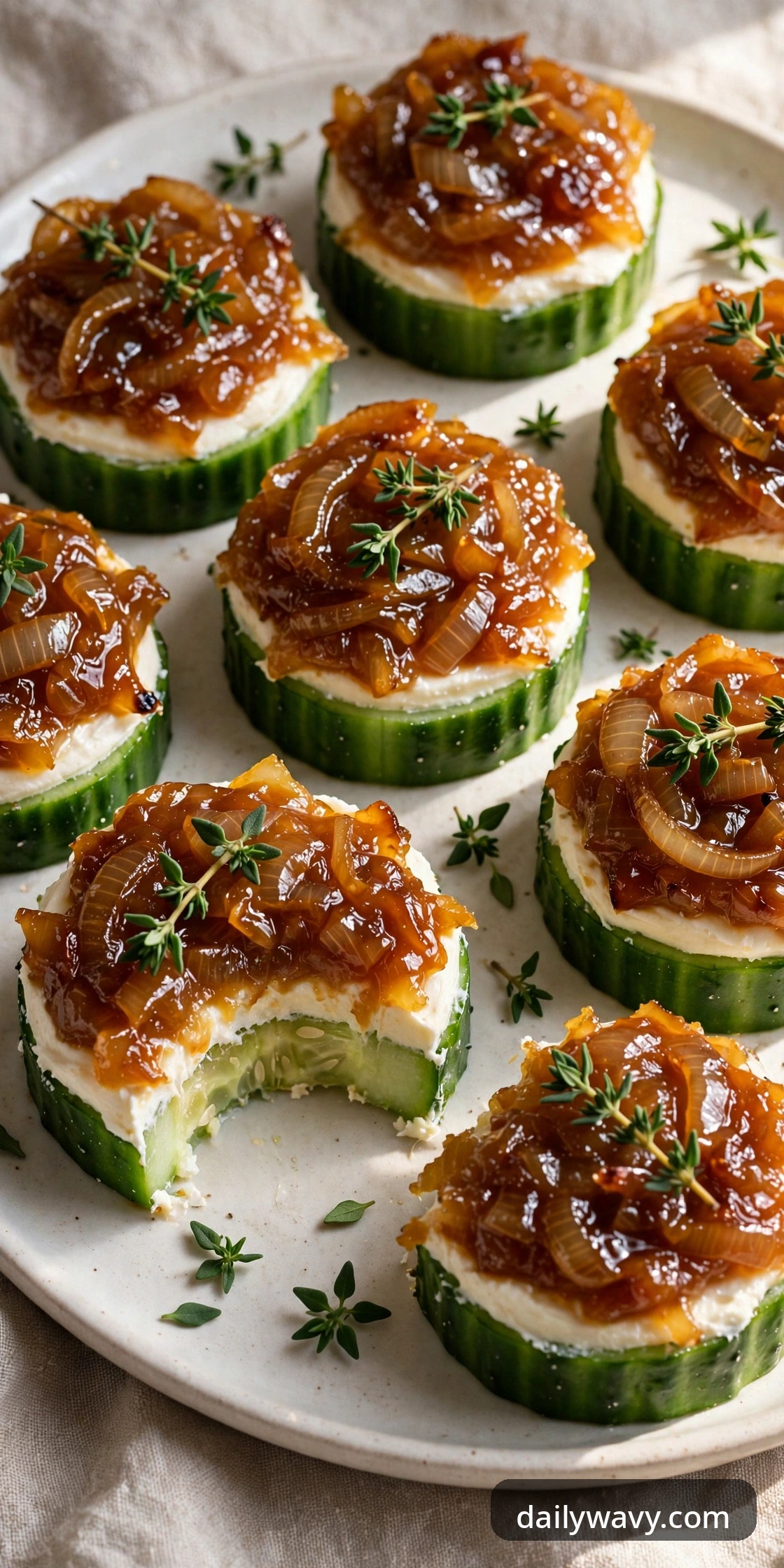 Cucumber rounds with cream cheese base and deep golden caramelized onion spread edge to edge with thyme
