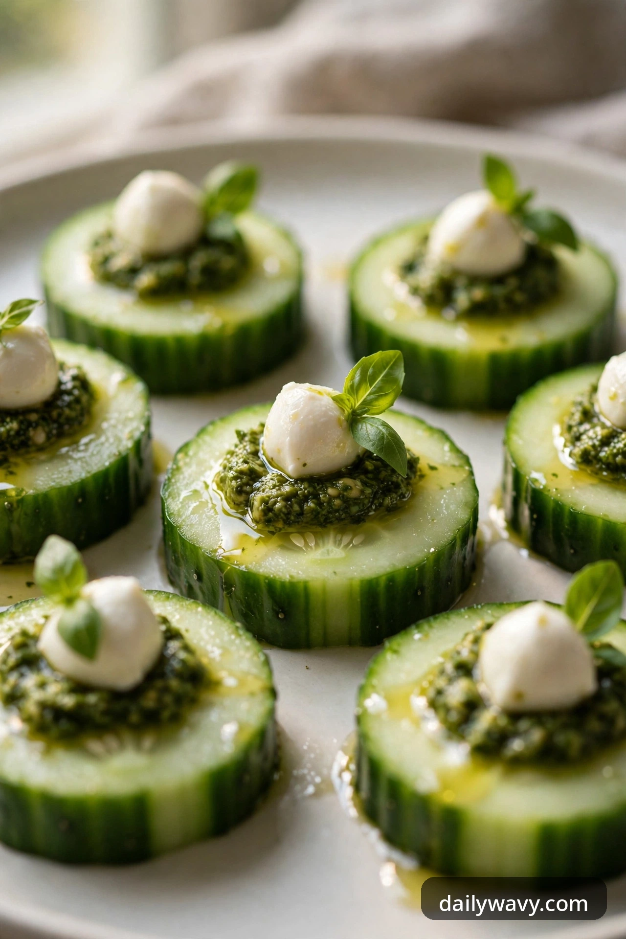 Cucumber rounds with a dot of basil pesto, a fresh mozzarella pearl and a small basil leaf