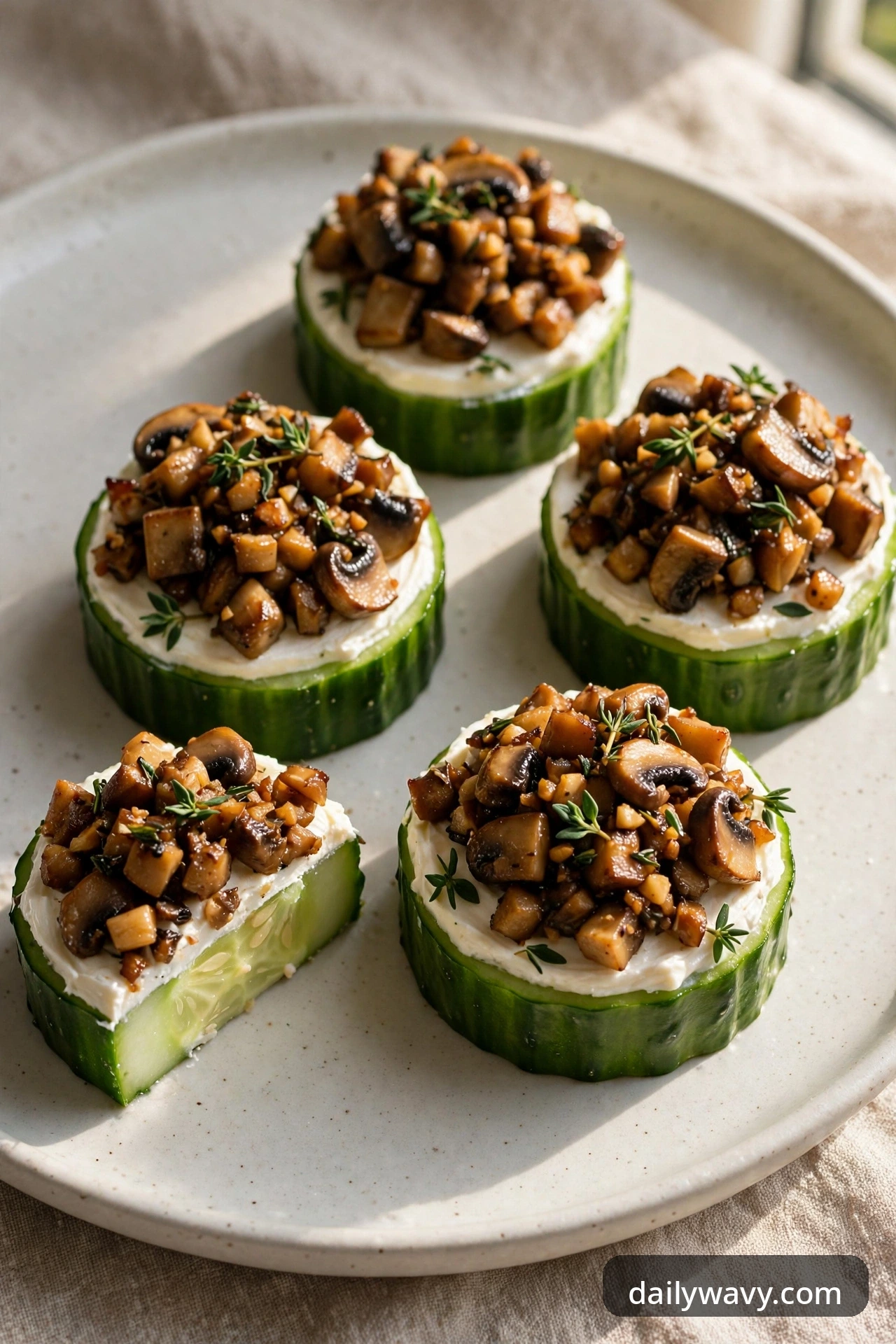 Cucumber rounds with cream cheese and warm finely diced browned mushrooms with thyme and garlic