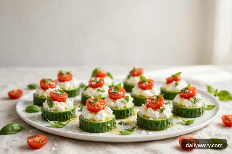Cucumber appetizer rounds topped with ricotta and tomatoes on a plain platter