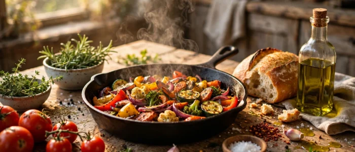 dailywavy-food-drink-ideas-hero Fresh food and drink recipe ideas — sizzling skillet with colorful roasted vegetables