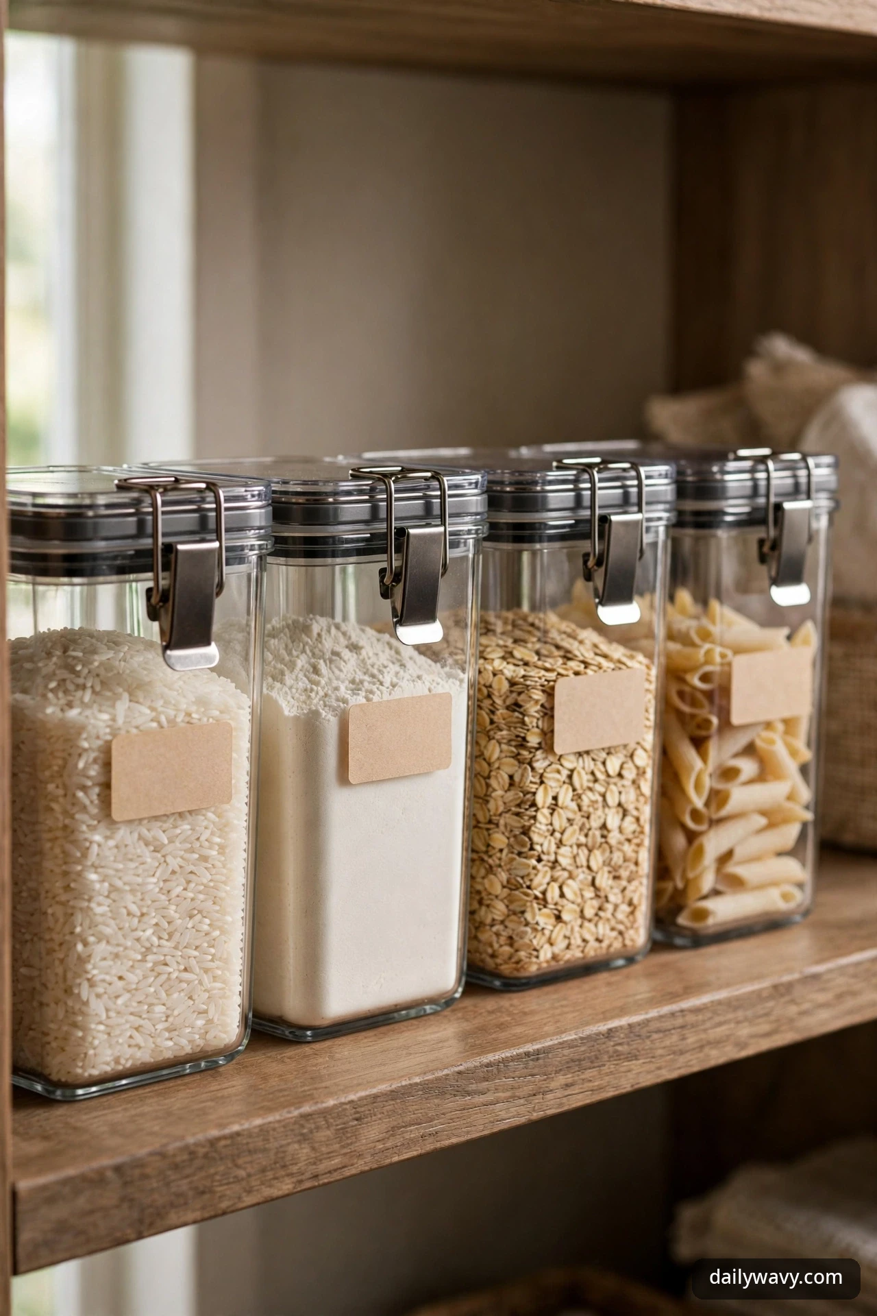 Four clear square containers with clamp lids holding rice, flour, oats, and penne on a wooden pantry shelf, each with a blank kraft label