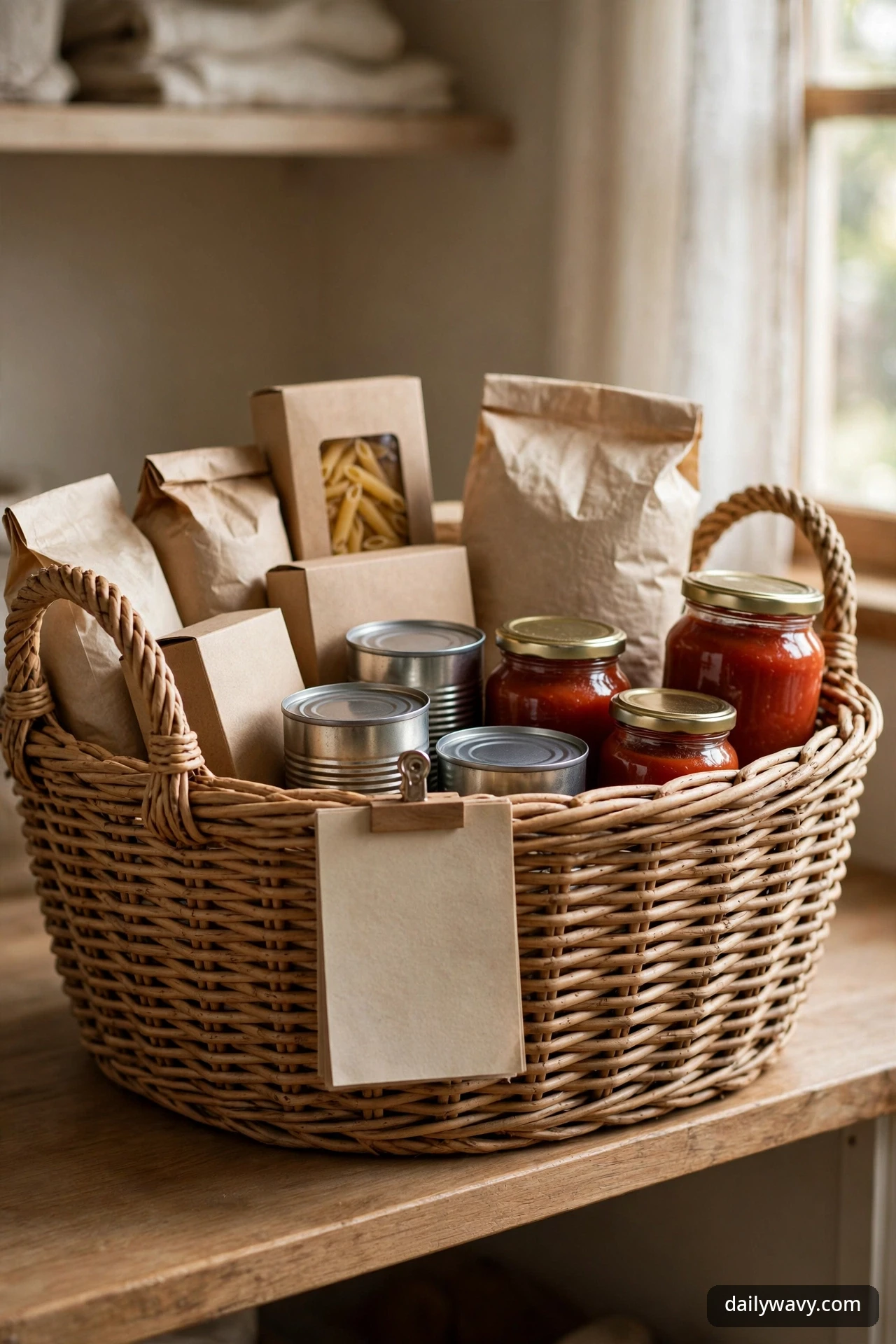 Large wicker basket with rope handles holding pasta, cans, and sauce jars for the week's meals, with a blank kraft card clipped to the front