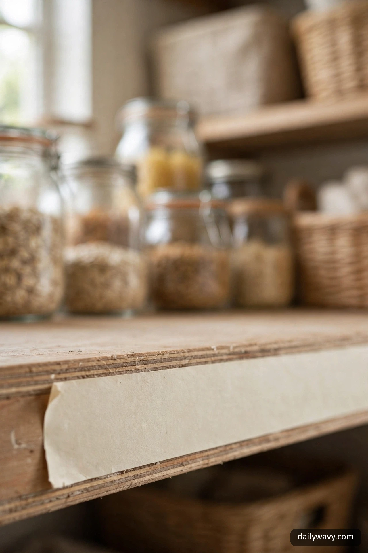 Blank kraft label strip taped to the front edge of a wooden pantry shelf, with glass jars behind it