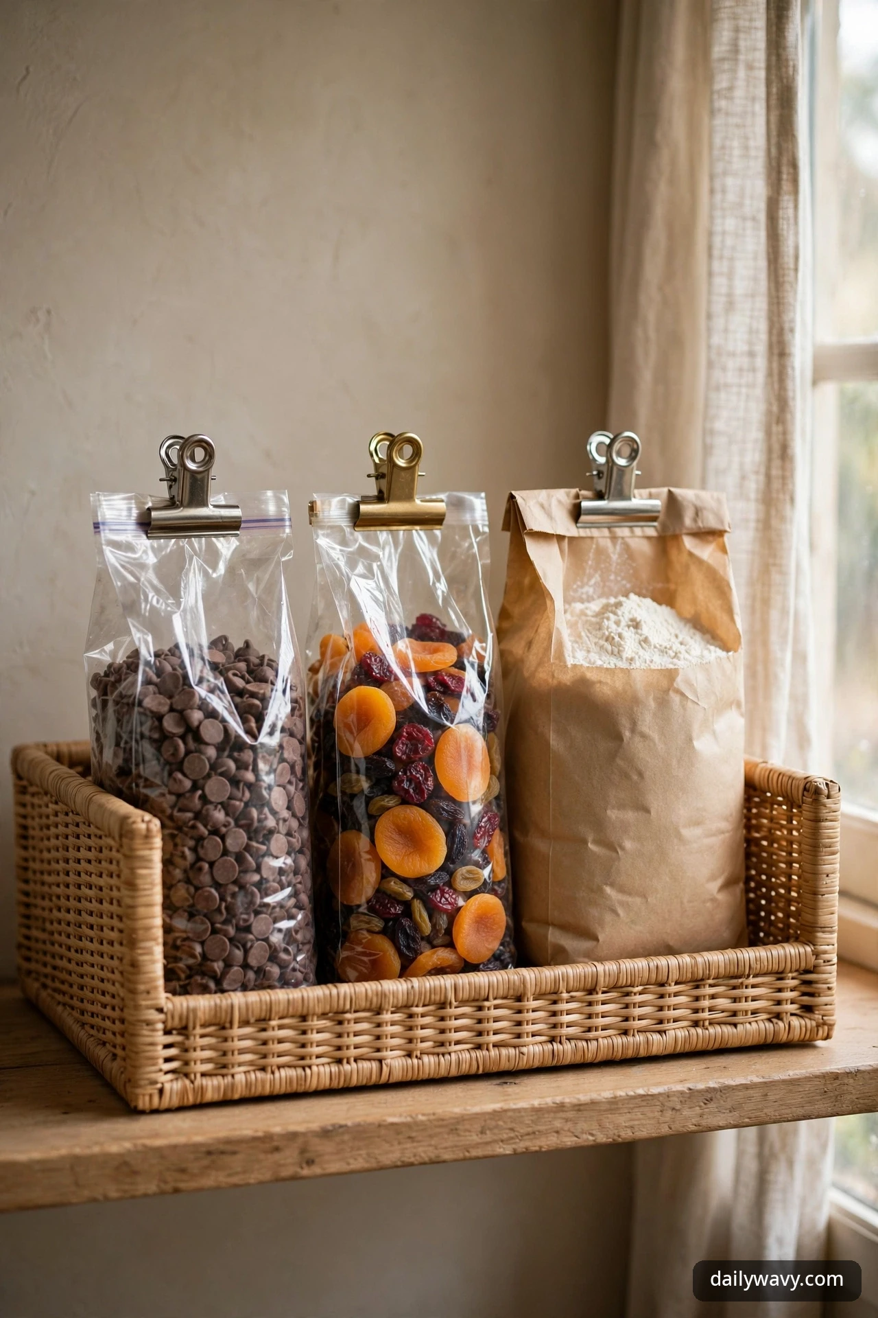Three open bags clipped shut in a wicker tray on a pantry shelf: chocolate chips, dried fruit, and flour