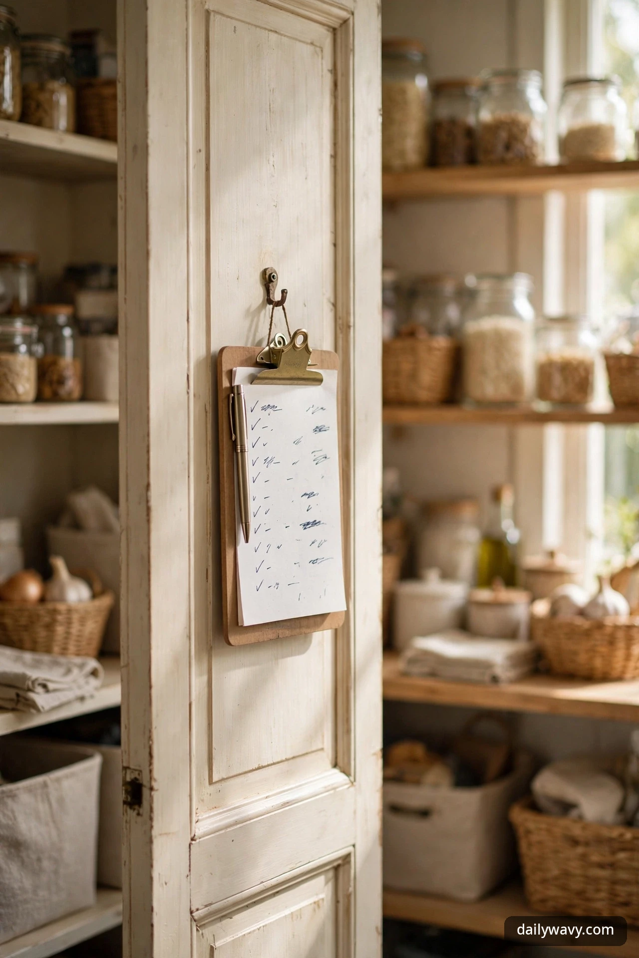 Wooden clipboard with a handwritten inventory checklist and pen hanging on a pantry door
