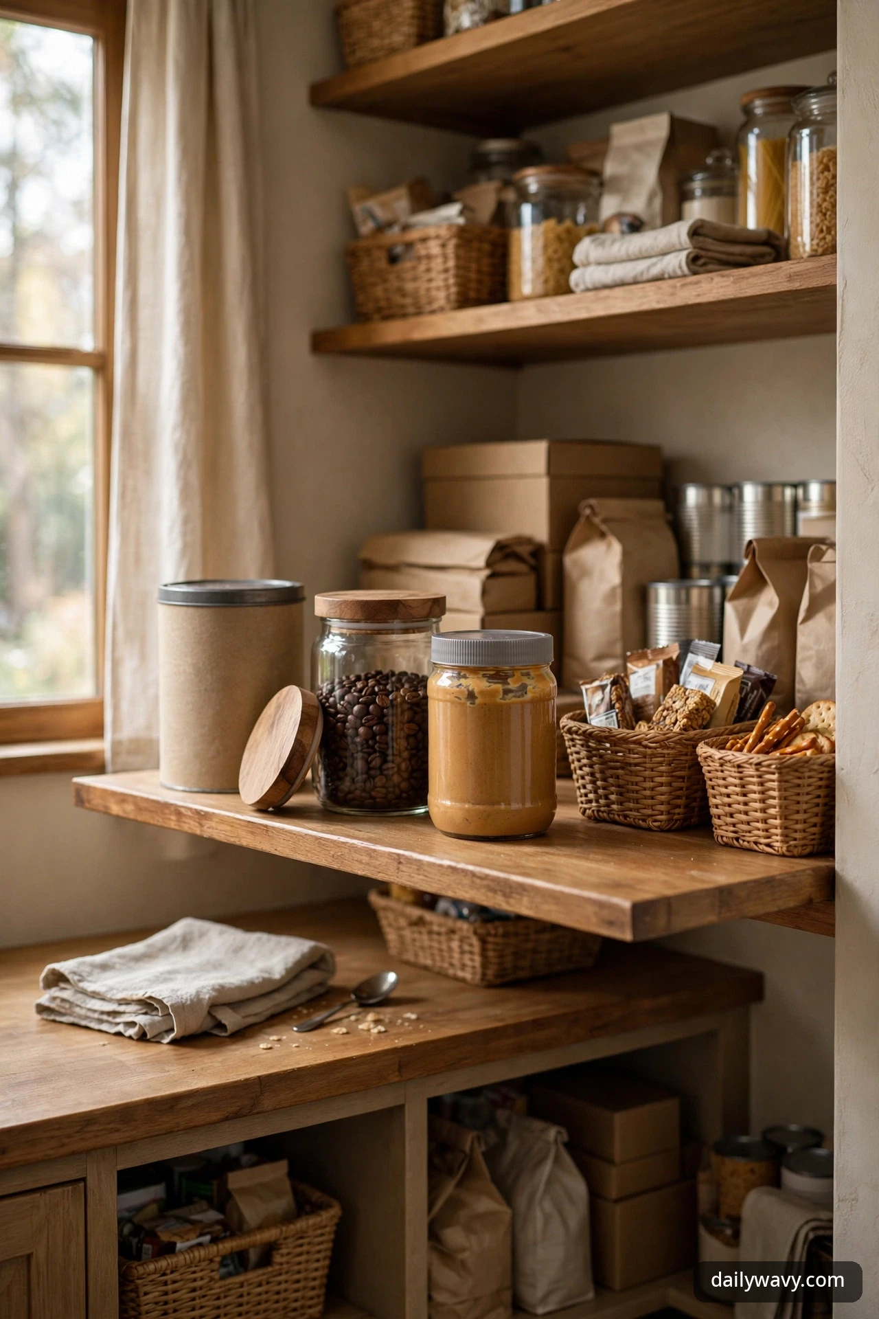 Everyday items at easy reach on a low pantry shelf: oats, coffee beans, peanut butter, and snack baskets