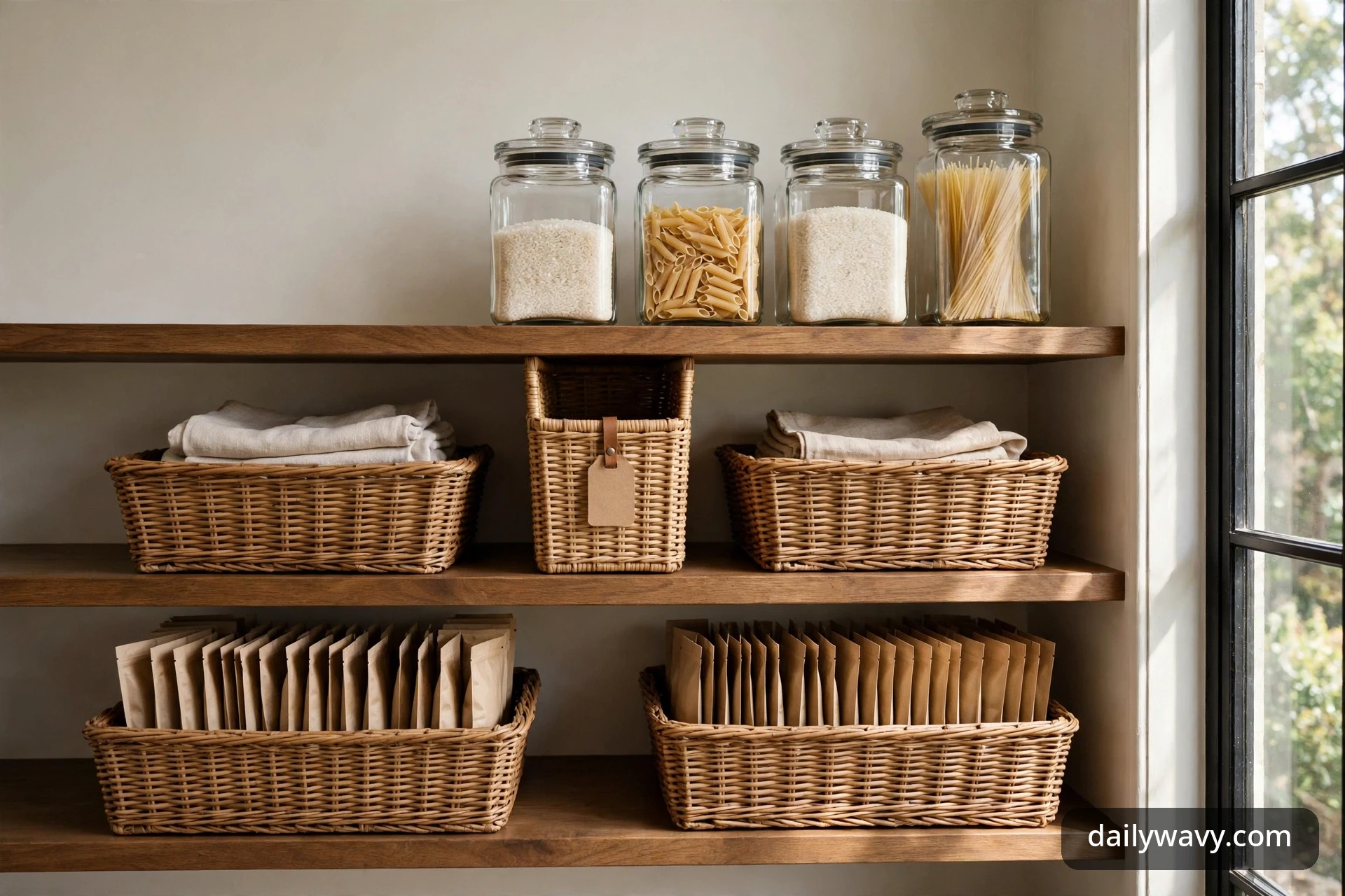 Wide view of a pantry with wooden shelves holding glass jars of rice, penne, flour, and spaghetti, woven baskets of linens, and baskets of upright packets