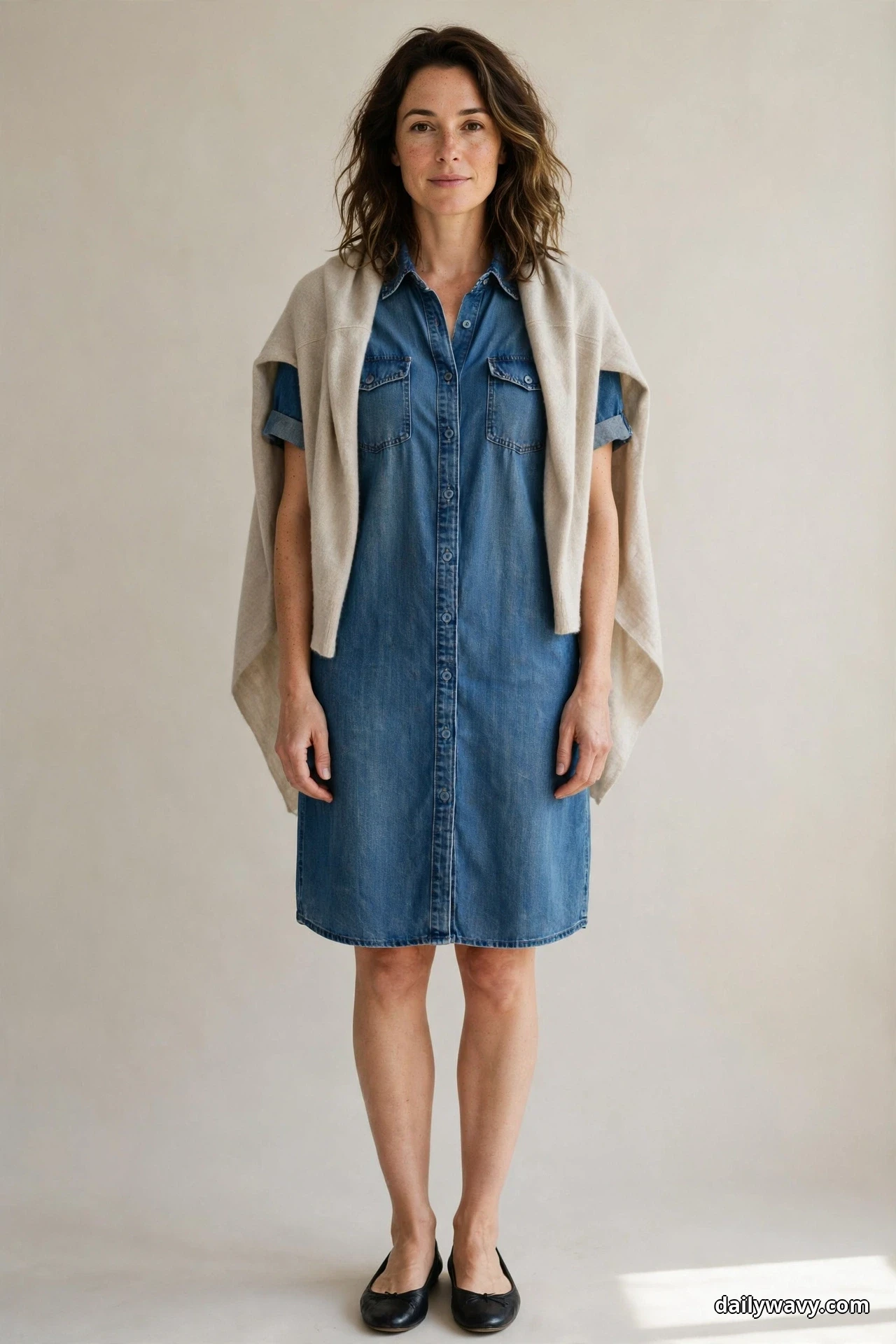 A woman stands full length against a plain wall wearing a knee-length denim shirt dress with a large oatmeal shawl draped around her shoulders, with black ballet flats below the hem