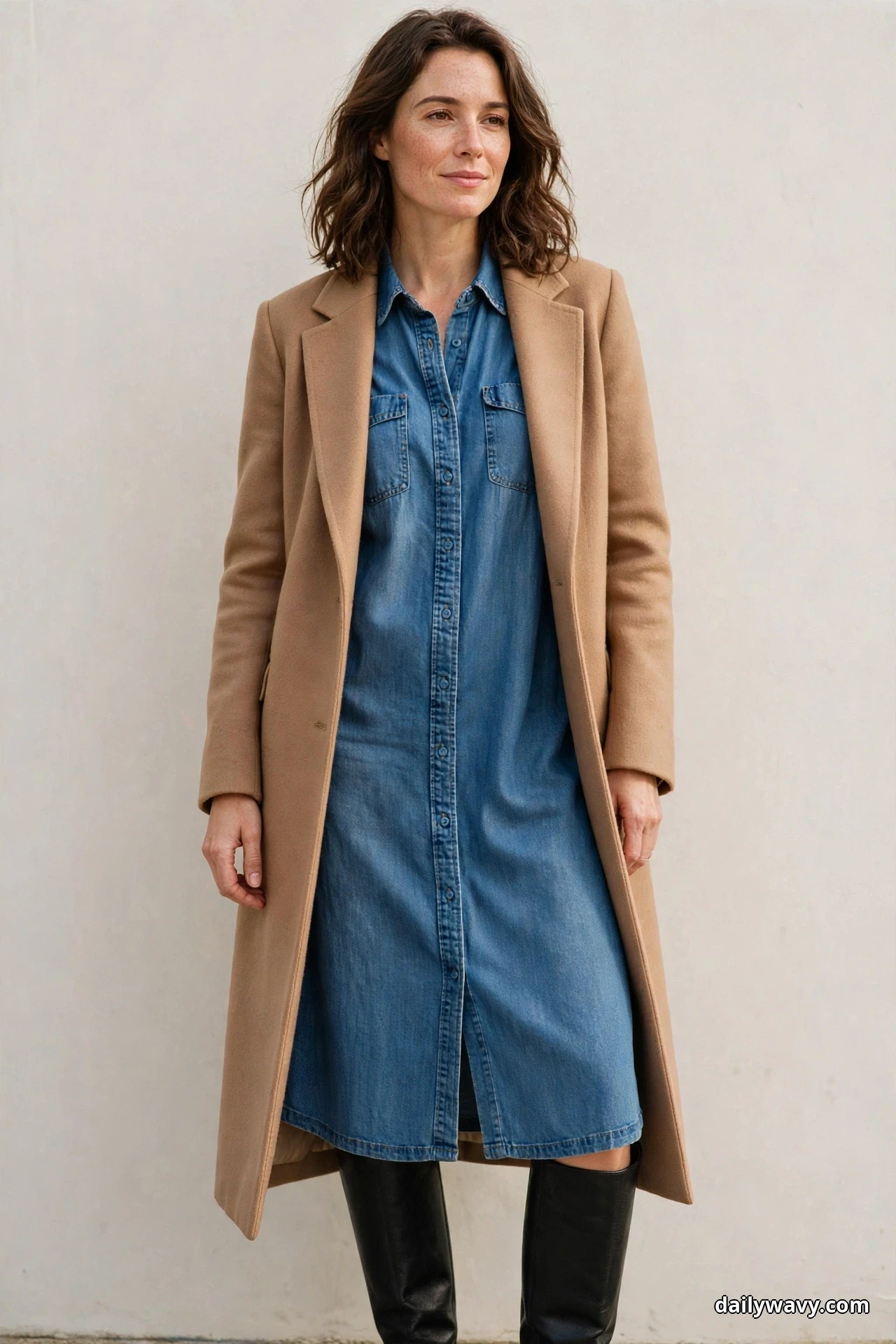 A woman stands against a plain wall wearing a long camel tailored coat open over a knee-length denim shirt dress, with the tops of black knee-high boots visible below the hem where the frame ends at the boot shafts