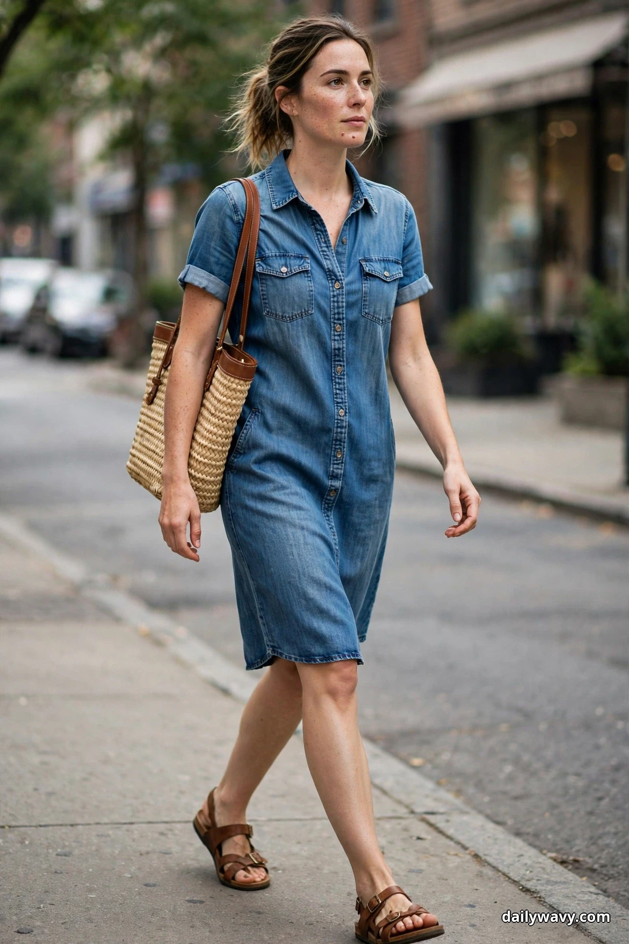 A woman walks along a city sidewalk wearing a knee-length denim shirt dress with rolled sleeves and a woven straw tote with brown leather handles on her shoulder, with brown leather sandals below the hem