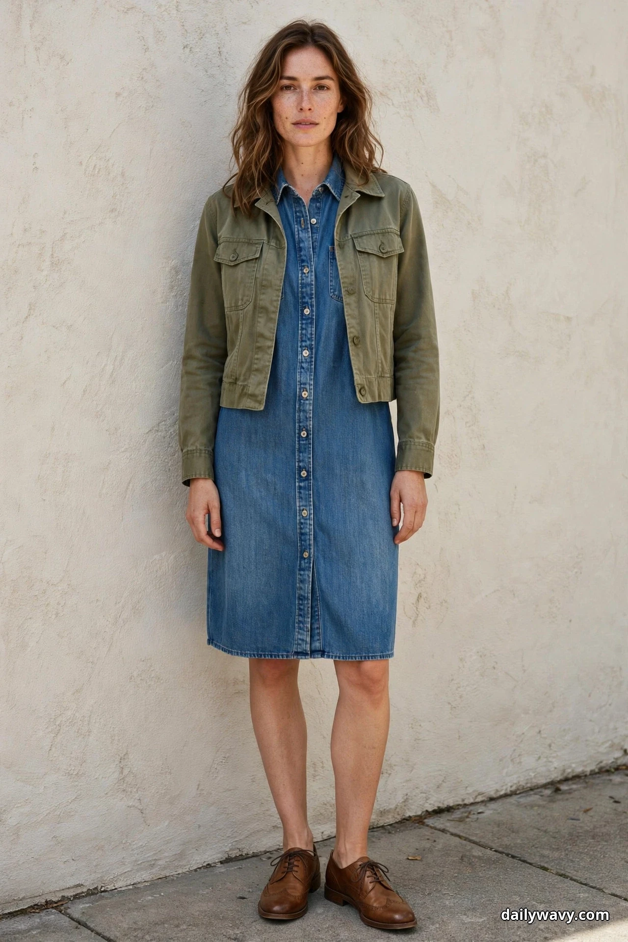 A woman stands full length against a textured wall wearing a cropped olive utility jacket over a knee-length denim shirt dress, with brown leather lace-up oxford shoes below the hem