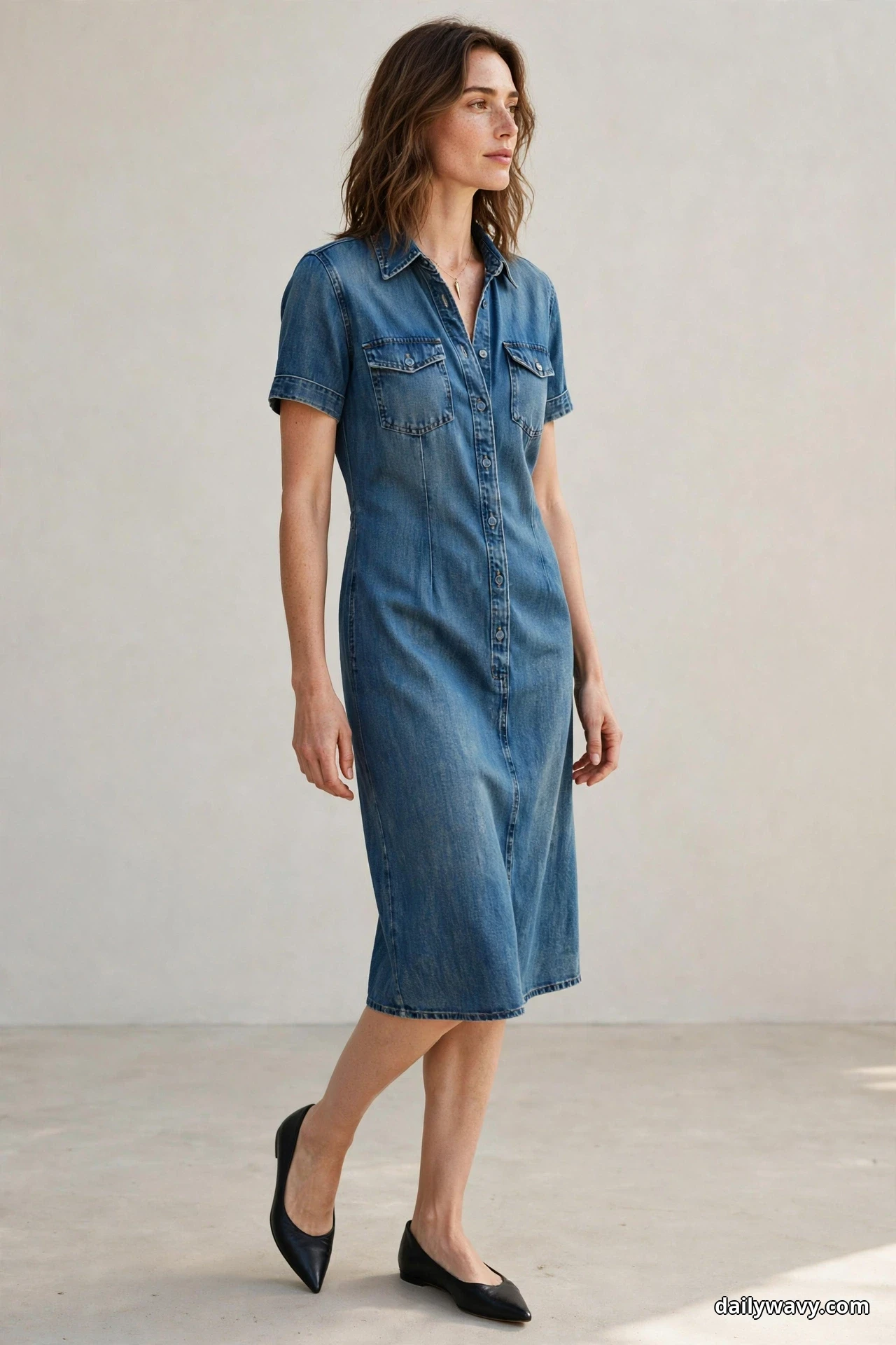 A woman stands in a slight turn against a plain wall wearing a below-knee denim shirt dress with a small pendant necklace at the open collar, with black pointed flats below the hem