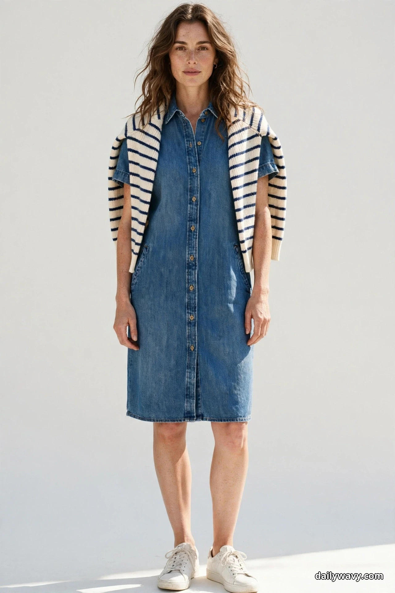 A woman stands full length against a plain wall wearing a knee-length denim shirt dress with a navy and cream striped knit sweater draped over her shoulders, with white sneakers below the hem