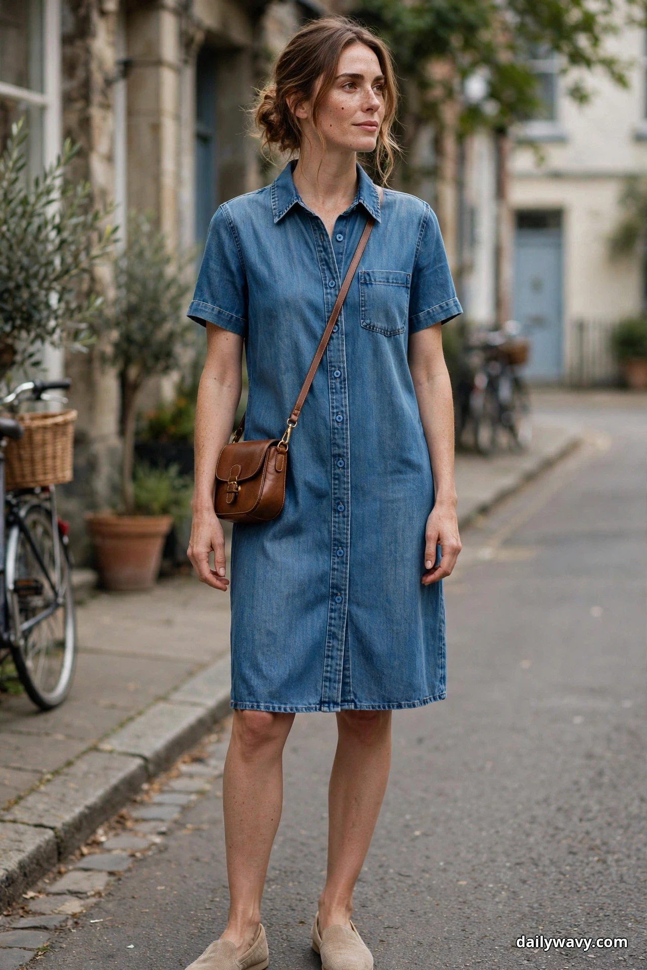 A woman stands on a quiet street wearing a knee-length denim shirt dress with a small brown leather crossbody bag resting at her hip, with beige slip-on flats below the hem