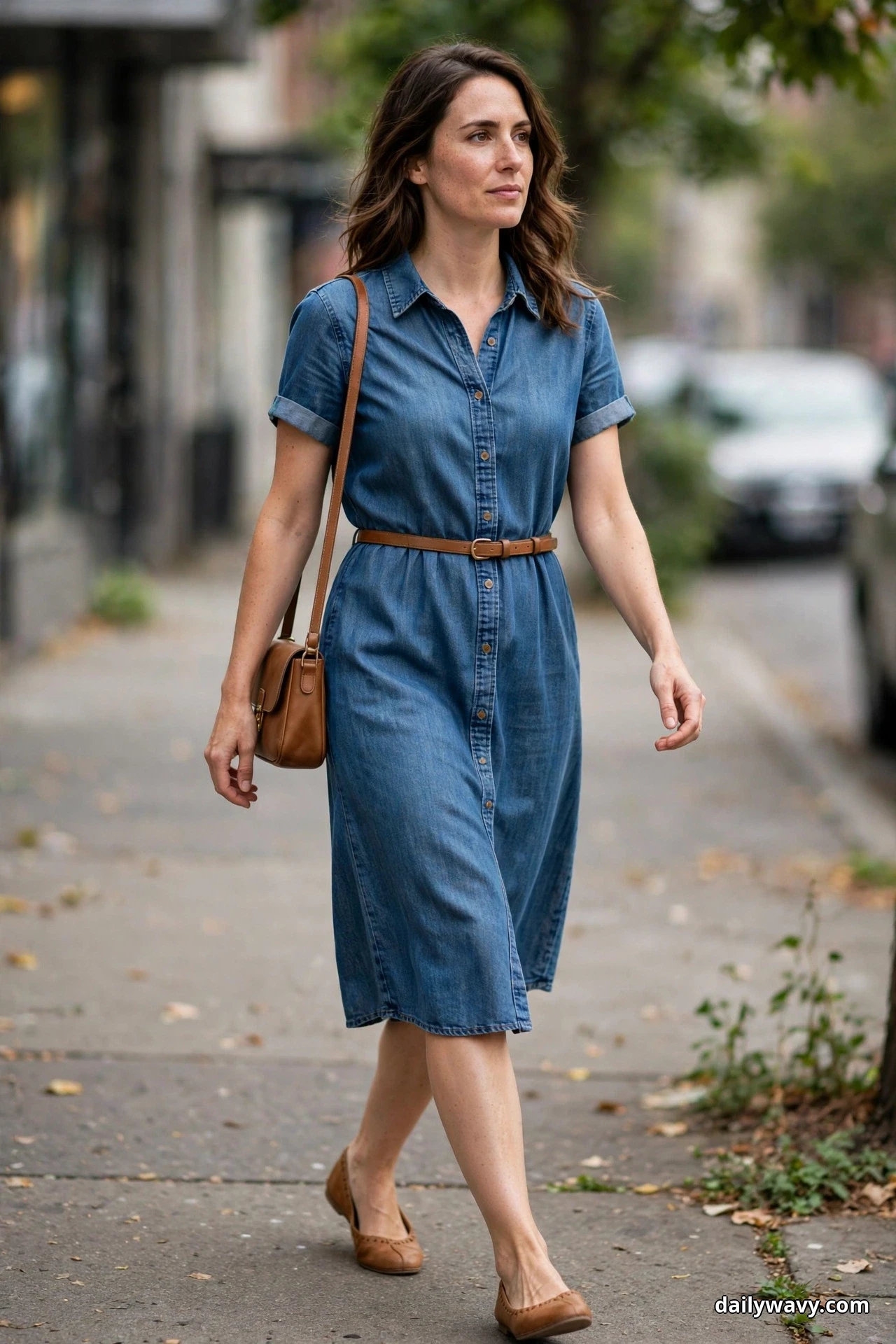 A woman walks along a sidewalk wearing a below-knee denim shirt dress cinched with a thin tan leather belt and a compact tan shoulder bag, with tan ballet flats below the hem